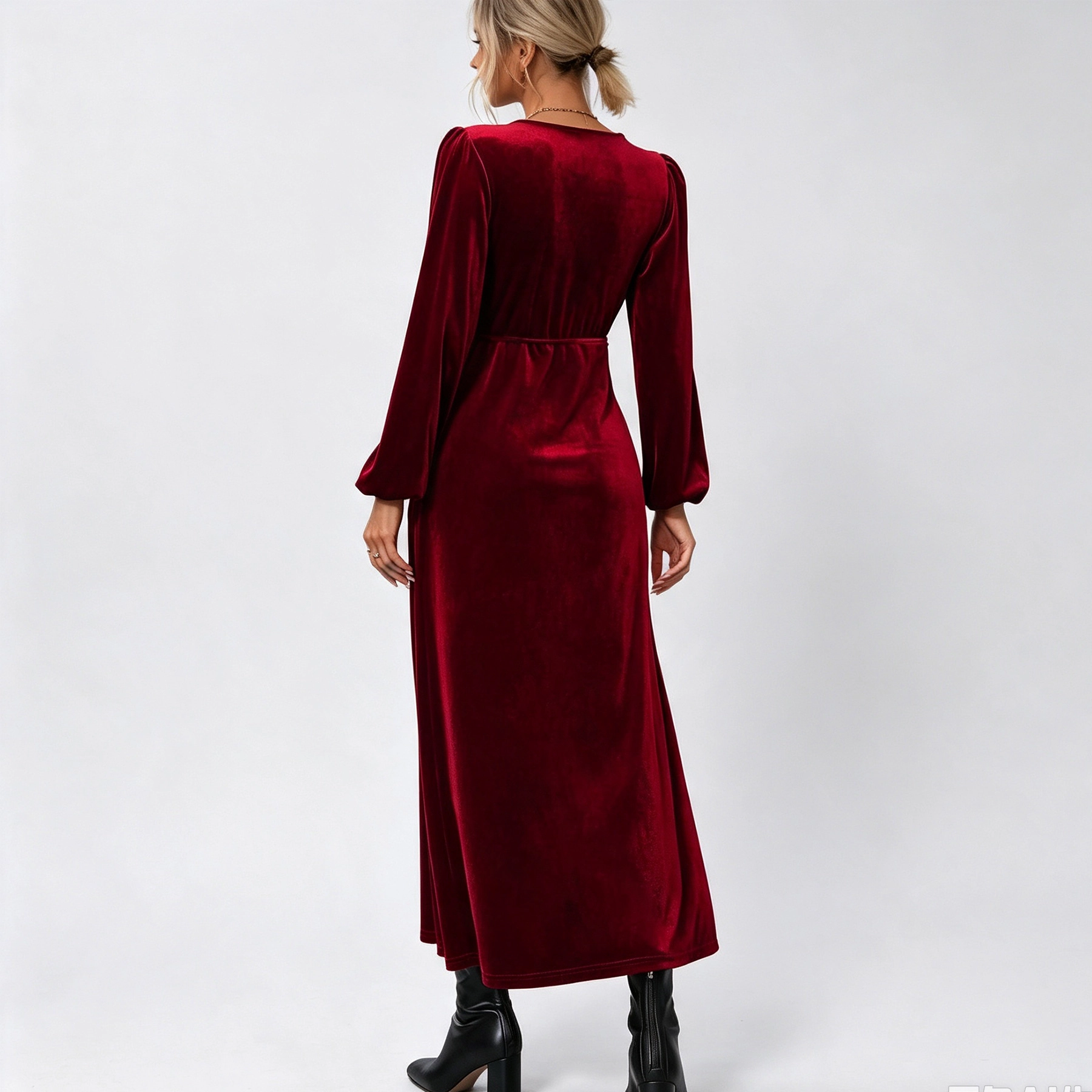 YesFashion Womens Velvet Maxi Dress Fall Winter Long Sleeve V Neck Ruched Waist Wrap