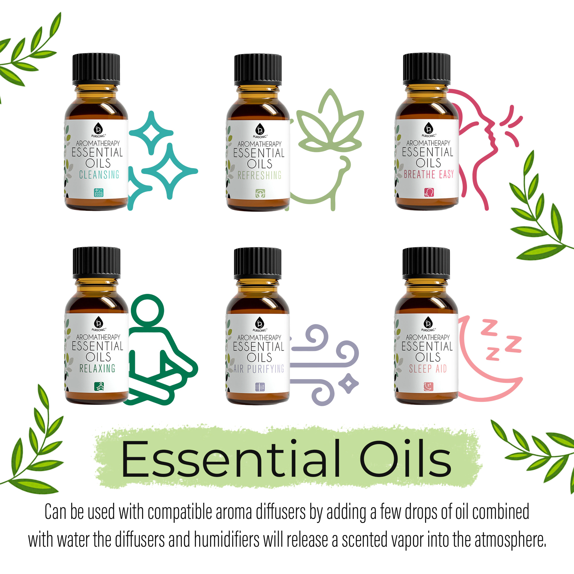 Pursonic Unisex 100% Pure Aromatherapy Essential Oil Gift Set Collection Bundle