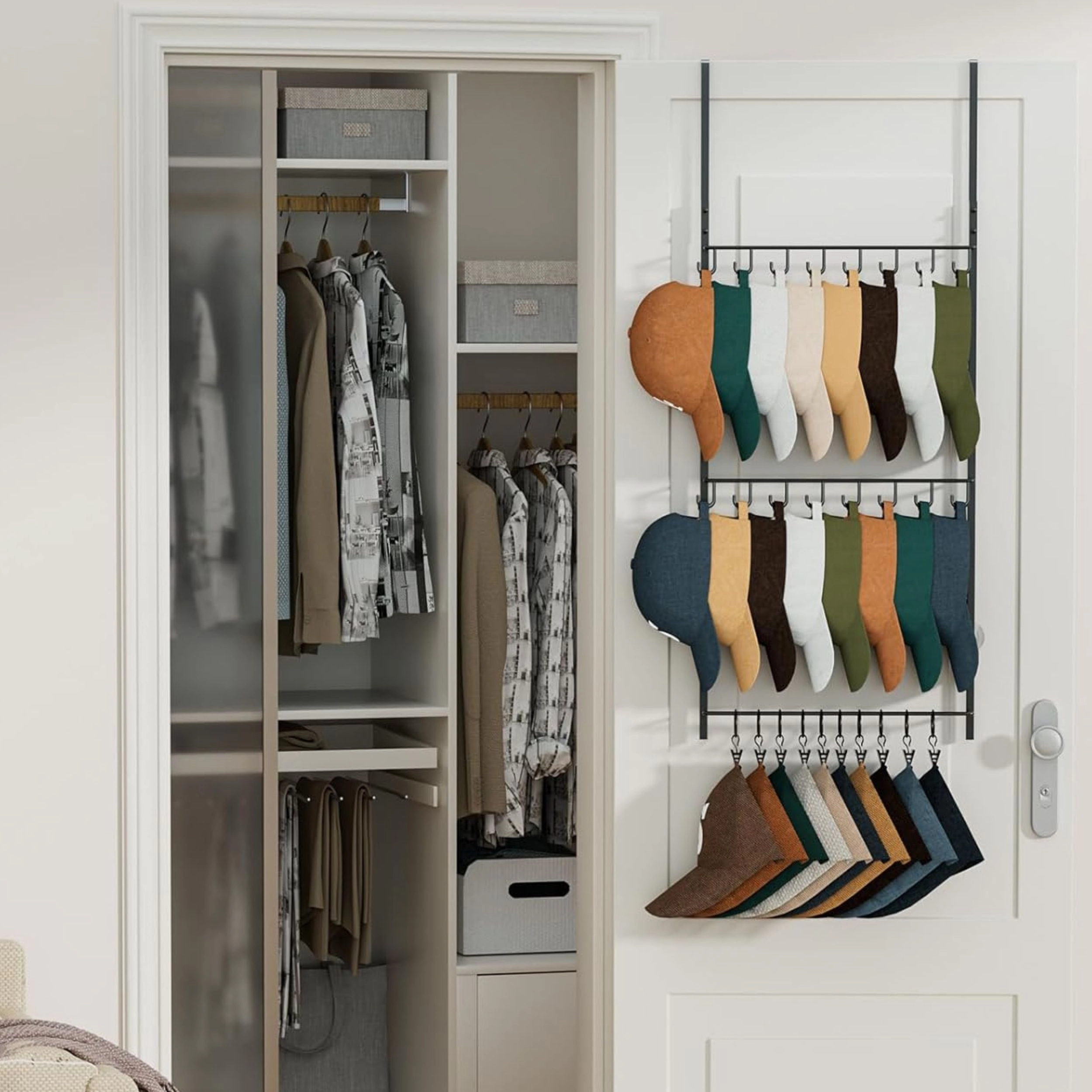 Stock Preferred Over Door Hat Rack Organizer with 16 Hooks and 10 Clips Holds 26 Caps Black