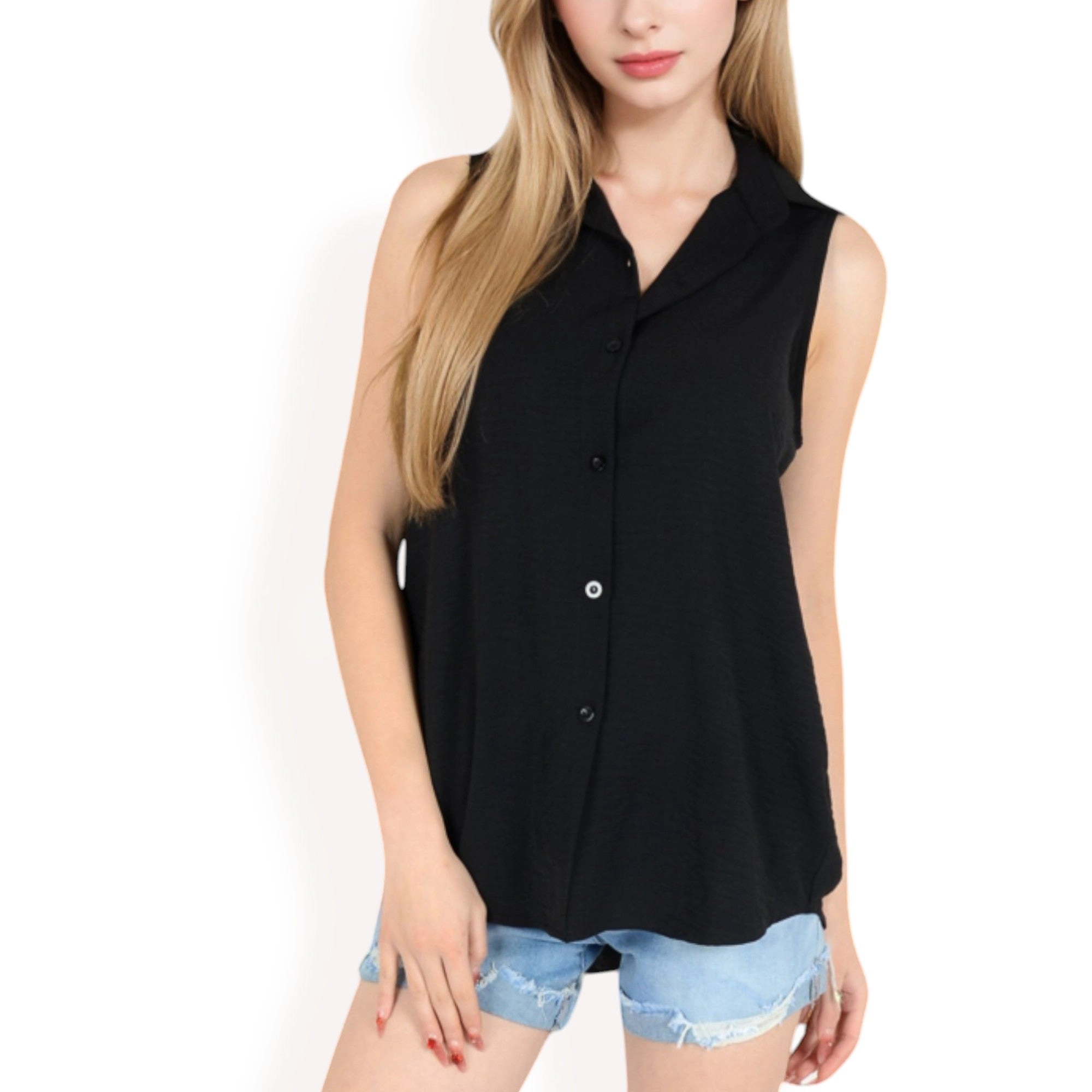 Anna-Kaci Womens Sleeveless Button-Down Collared Textured Top