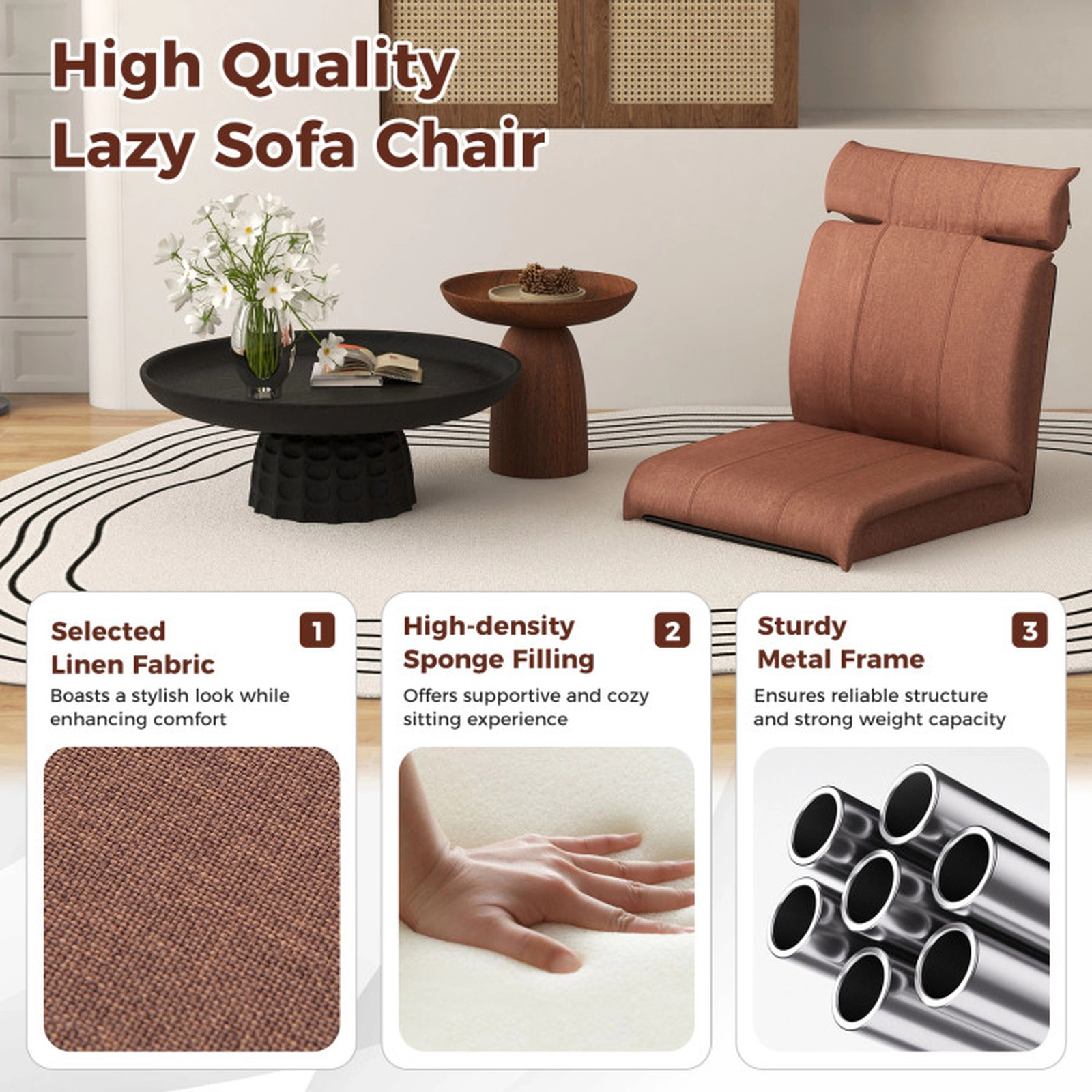 SUGIFT 14-Position Backrest 330-lb Capacity Brown Linen Folding Floor Chair with 5-Position Headrest