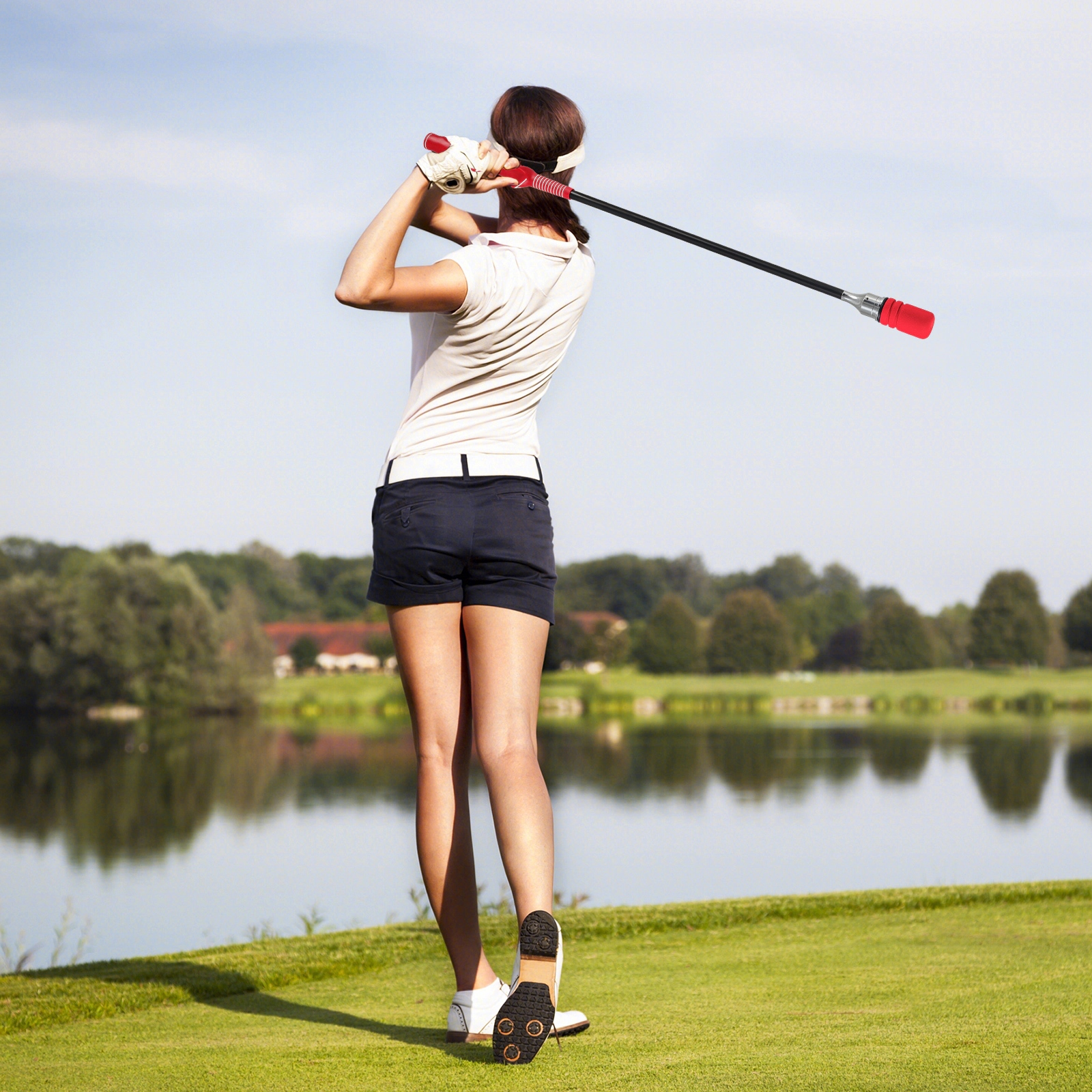Golf Swing Trainer Click Stick Audible Tempo Feedback Weighted Metal Head Foam Headcover Right-Handed Red