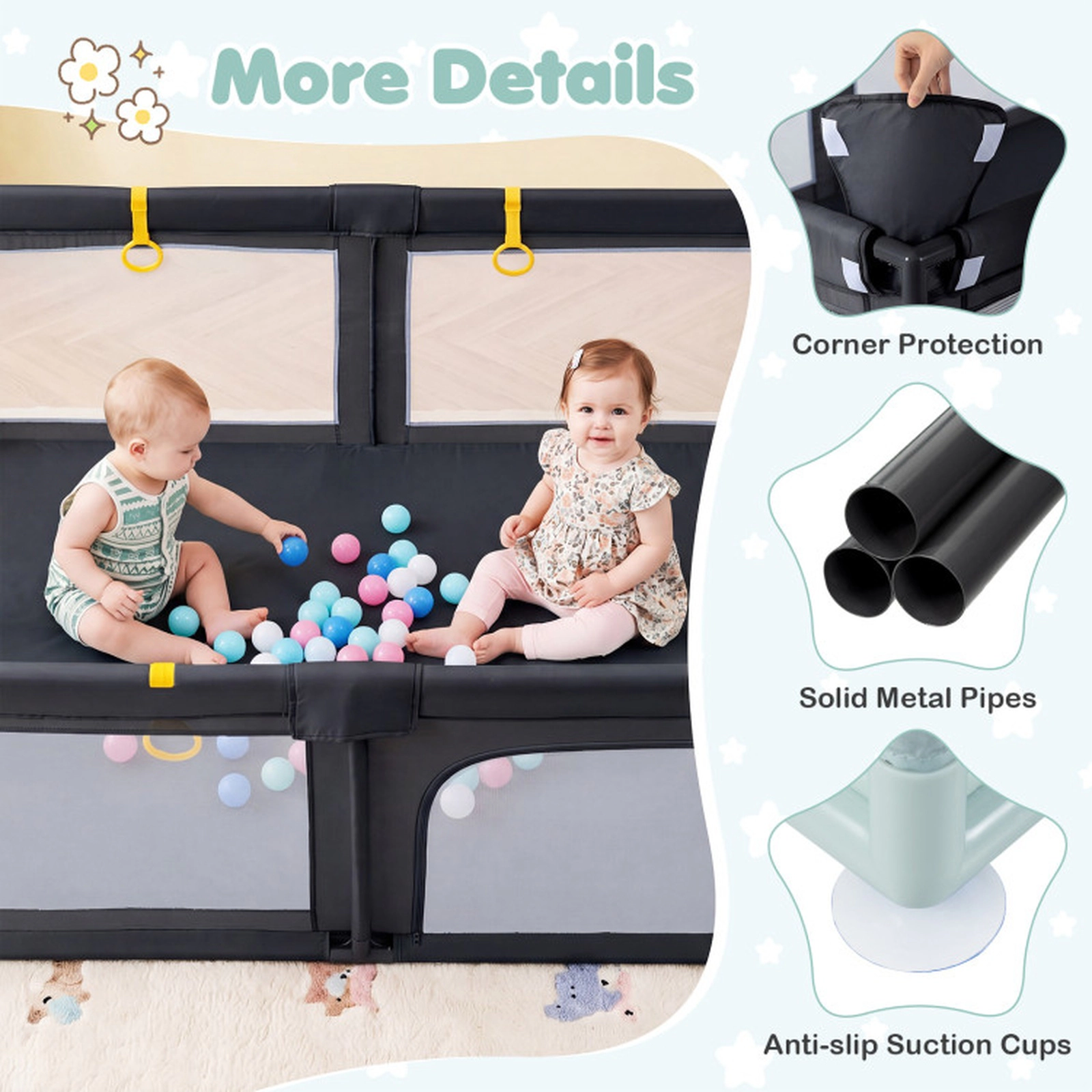 SUGIFT Baby Mesh Zippered Doors 4 Pull Rings 50 Ocean Balls Large Playard 79-in x 55-in x 27-in 14-lb Net Weight Black