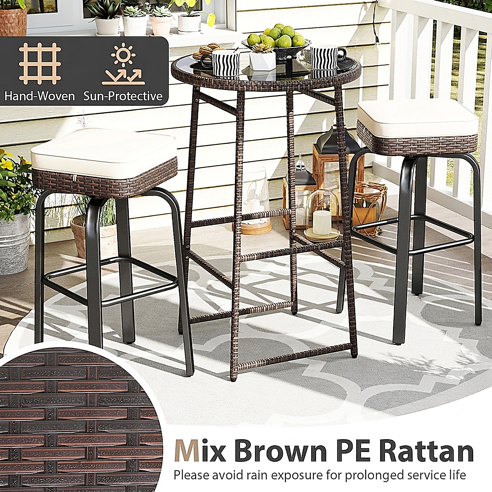 SUGIFT Outdoor Swivel Bar Set with Table and 400-lb Chairs Mix Brown Rattan with Off White Cushions