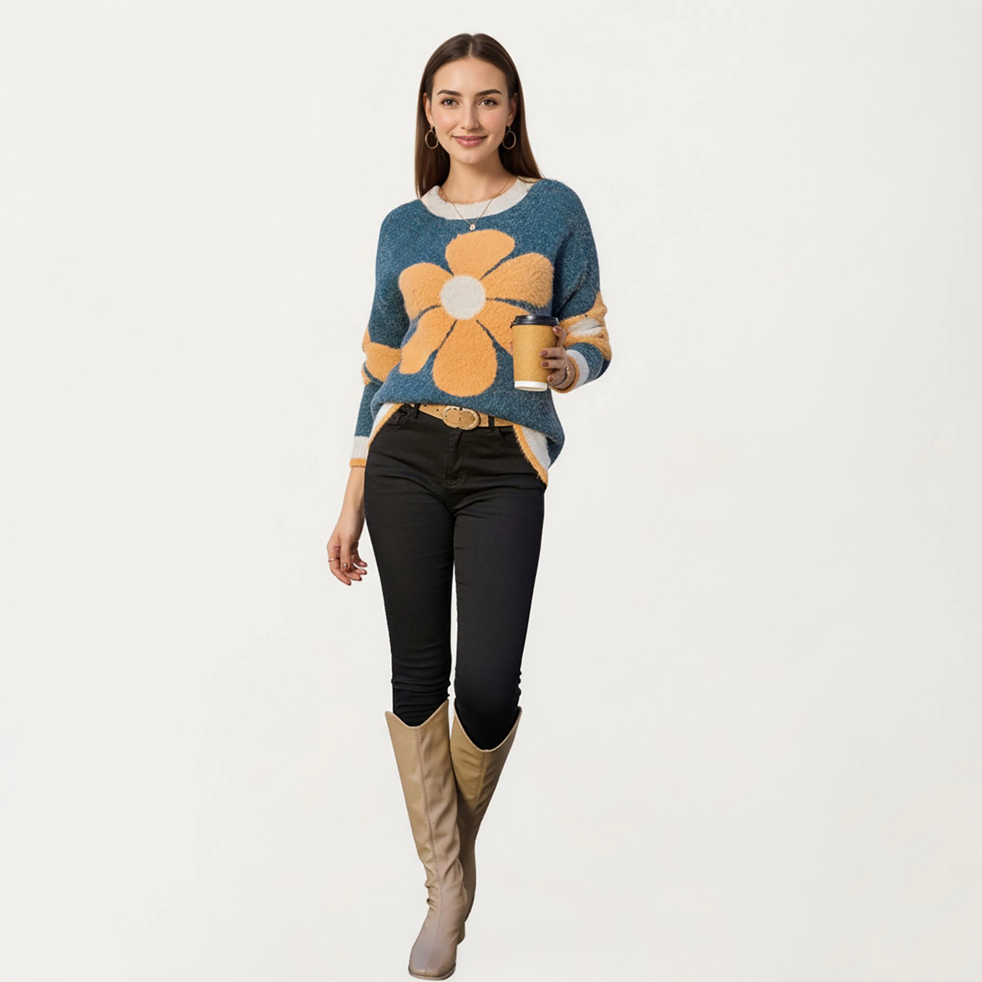 Anna-Kaci Women's Large Floral Graphic Pattern Fuzzy Knit Sweater with Soft Textured Feel Ribbed Crew Neckline