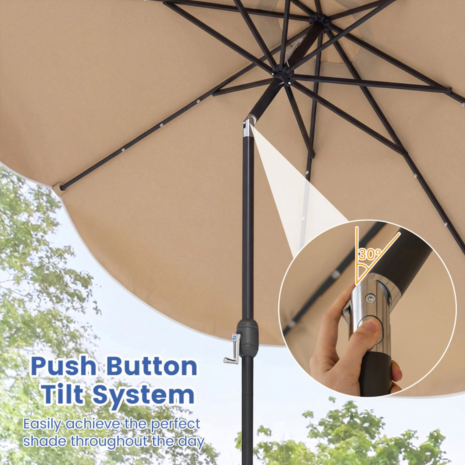 SUGIFT 10-ft Tan Solar LED Patio Umbrella, 24 Lights, Crank Lift, Push-Button Tilt