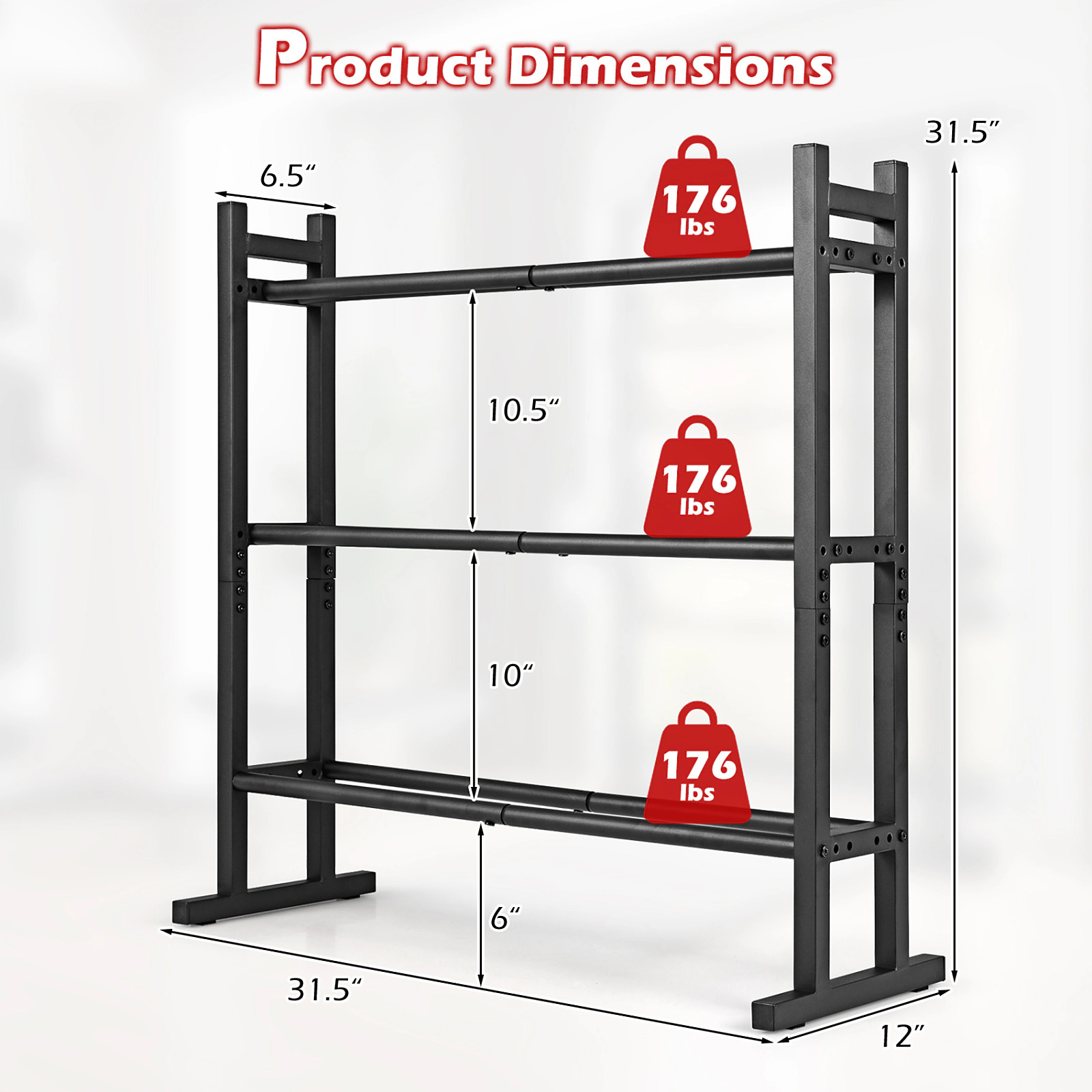 SUGIFT 3-Tier Black Dumbbell Rack with Adjustable Spacing 31.5-in W 12-in D 31.5-in H 529-lb Total Capacity