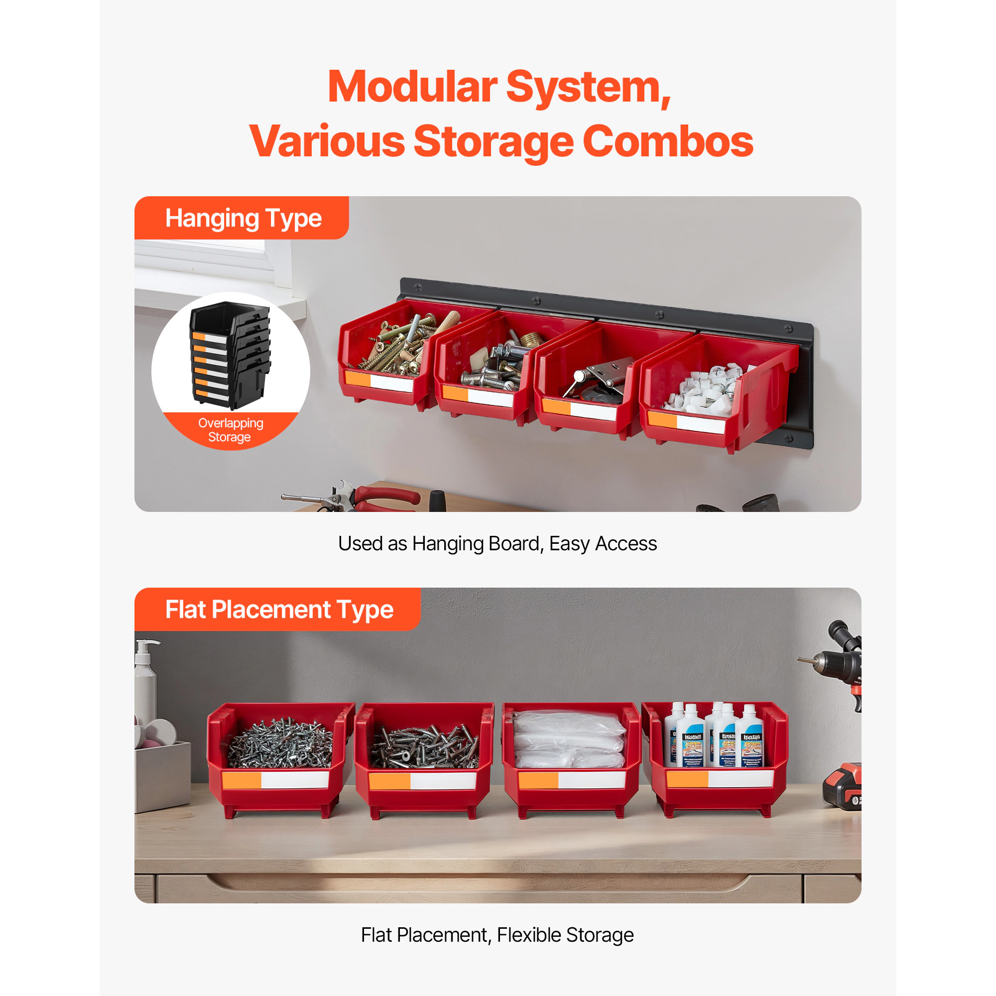 HONGGE Wall Mounted Storage Bins 12 Plastic Bins & 3 Metal Rails Plastic Hanging Stackable Storage Bin for Screws Nuts