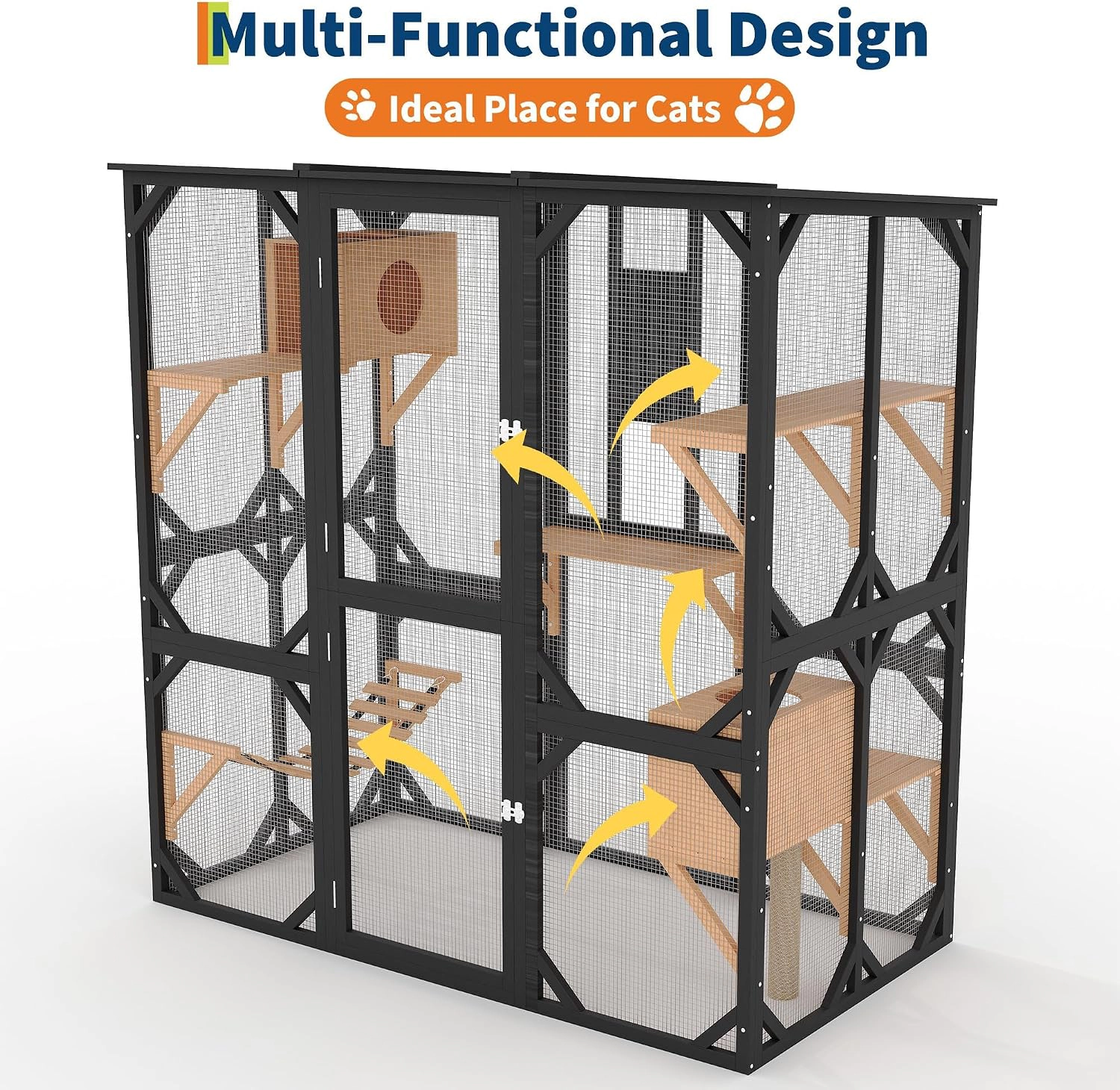 173x92.4x177cm Large Outdoor Wooden Catio Enclosure, Walk-In Cat Cage with Platforms, Black