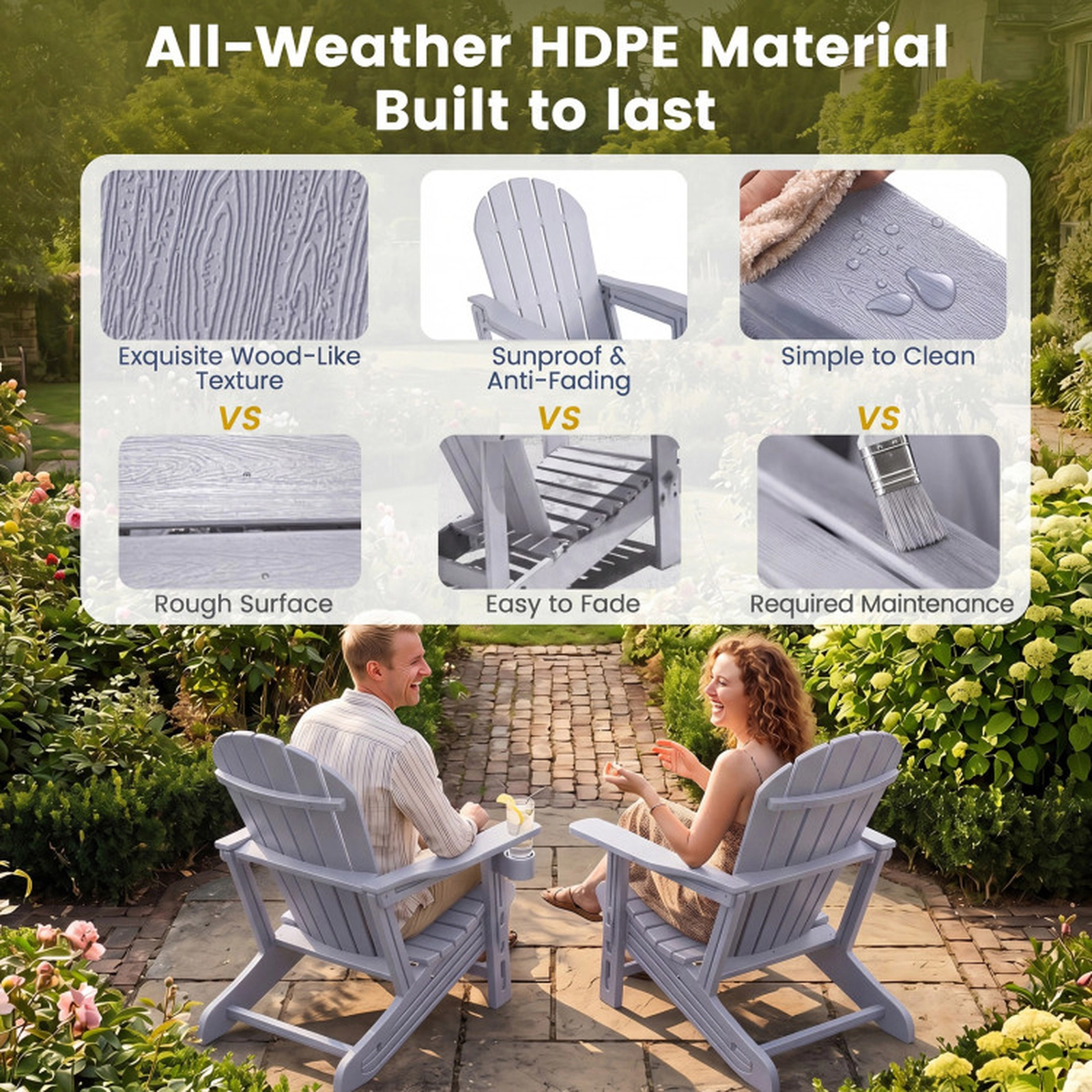 SUGIFT HDPE Adirondack Chair with Cup Holder and Wood-Like Texture 330-Lb Capacity Gray