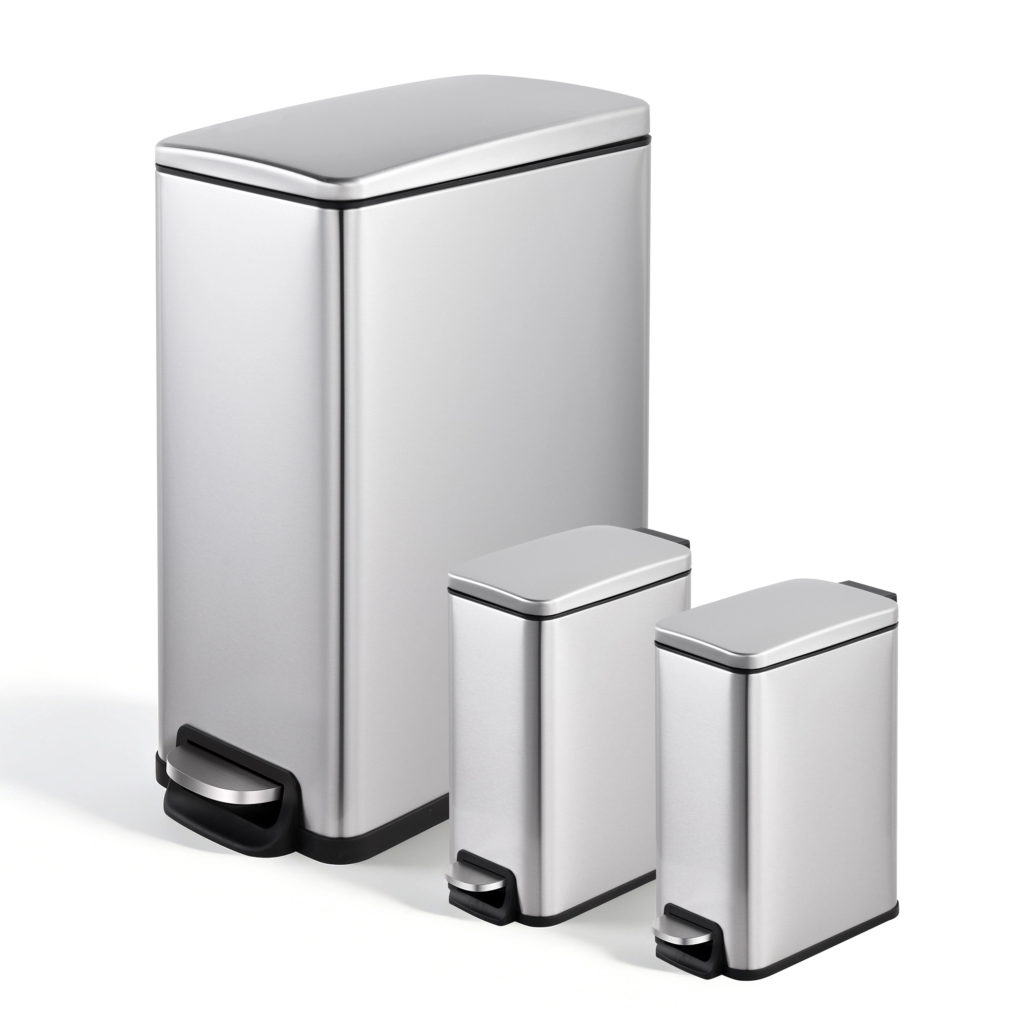 Innovaze 11.9 Gal./ 45 L + Two 1.6 Gal./6 L Rectangular Step-on Trash Can Set for Bathroom and Kitchen