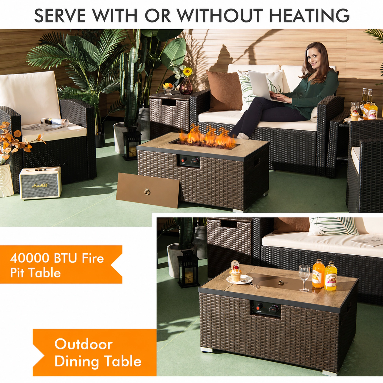 SUGIFT 32-Inch Rattan Propane Fire Pit Table Set with Tank Holder Brown