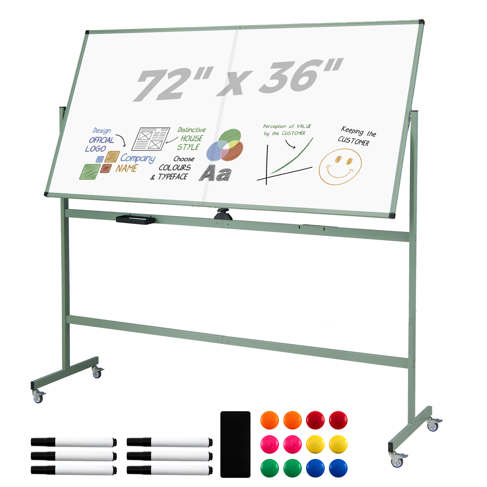 SUGIFT 72-in x 36-in Double-Sided Rolling Magnetic Whiteboard with Aluminum Alloy Frame and Lockable Casters