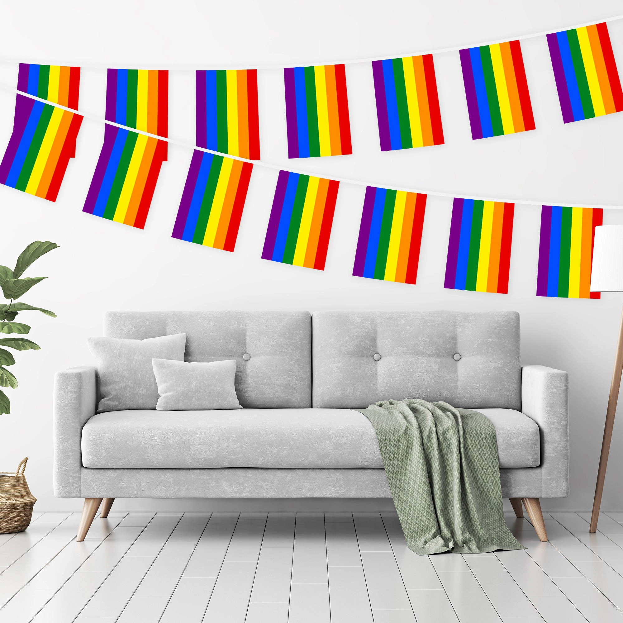 G128 Rainbow LGBT Pride Bunting Banner - 33 ft String with 38 Mini Flags, 150D Polyester, 8.2 x 5.5 in Flags