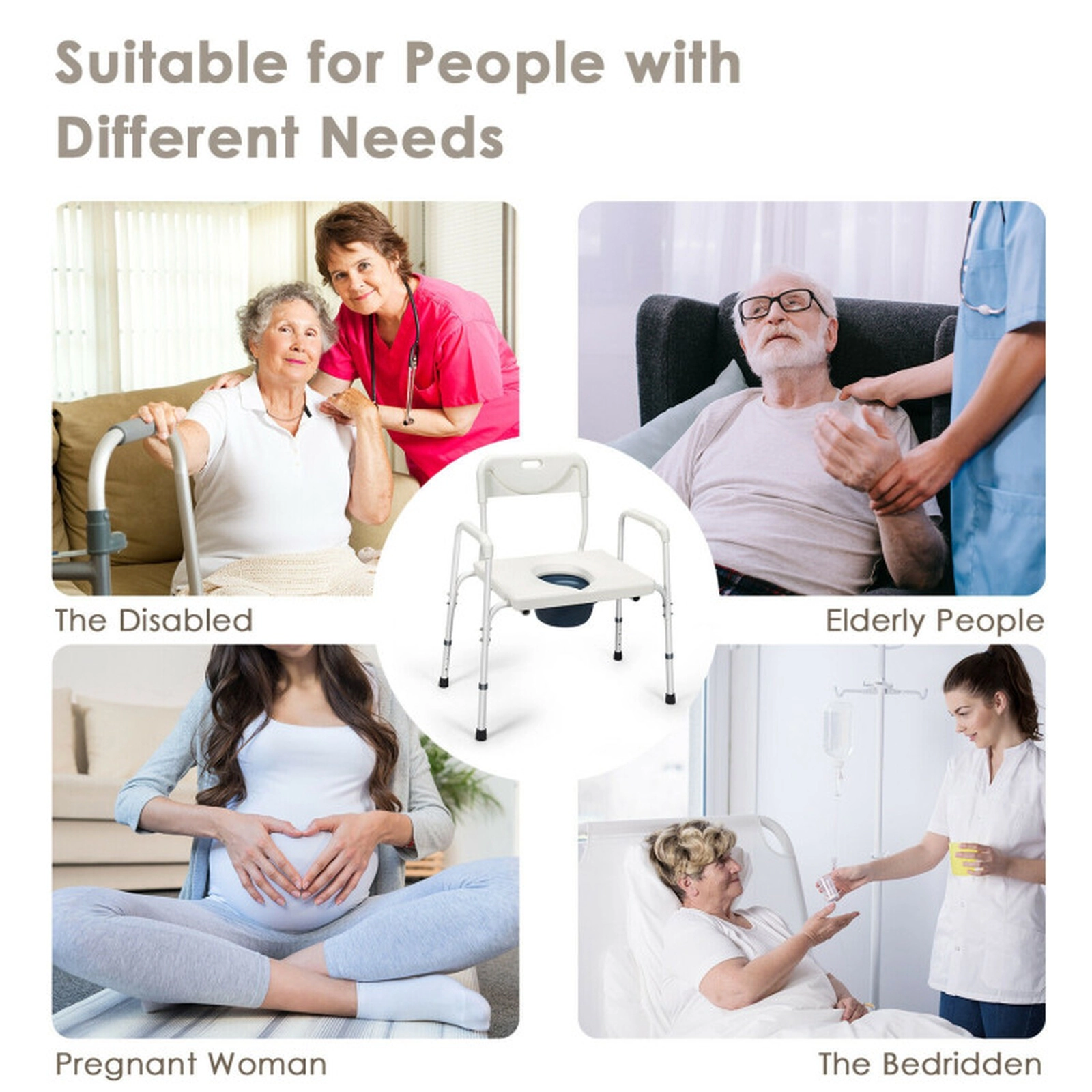SUGIFT 3-in-1 Bedside Commode Portable Toilet Chair Bench 300-lb Capacity Adjustable Height White