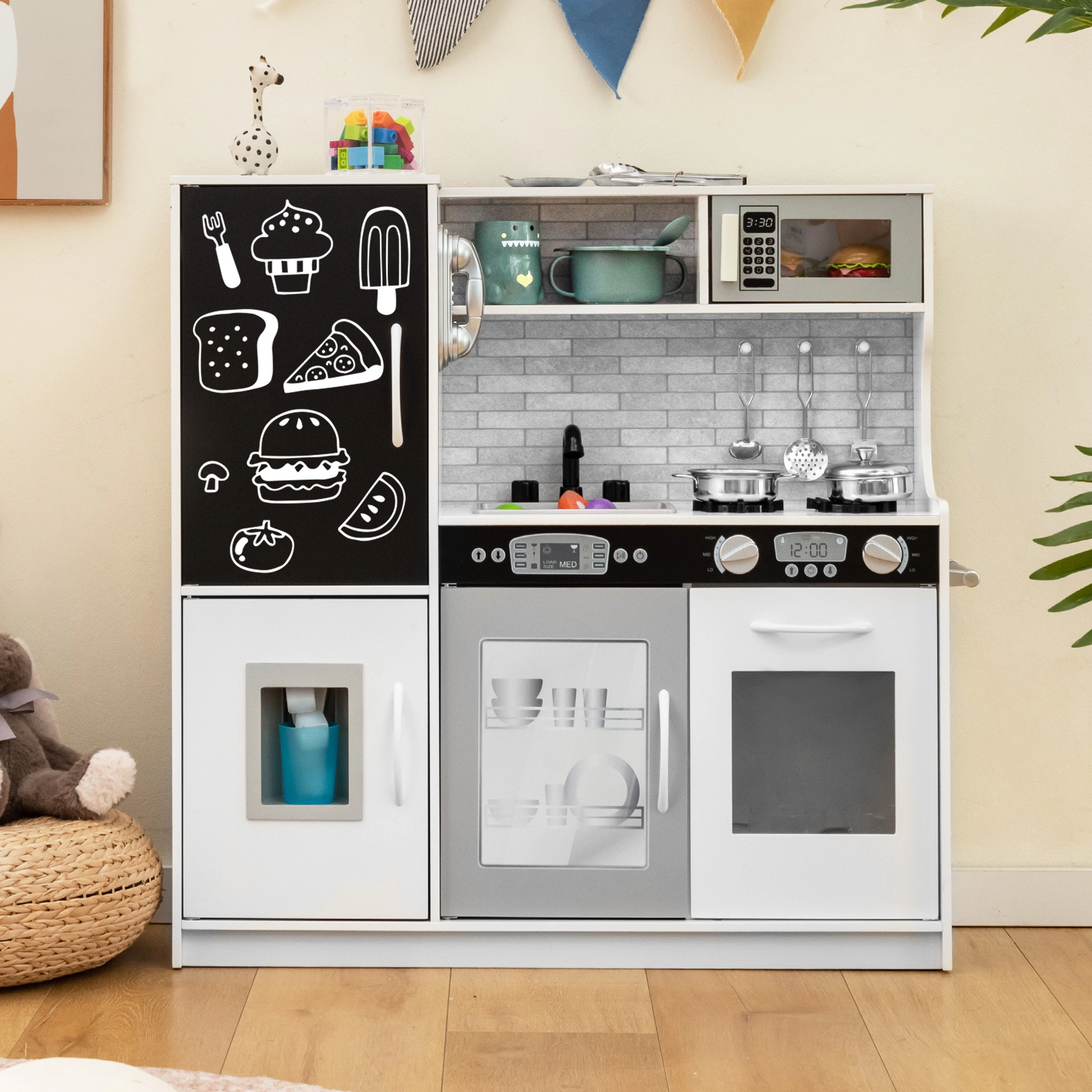 SUGIFT MDF Toddler Pretend Play Kitchen with Blackboard, Telephone and Storage Ages 3-6 Years 32-in Wide White