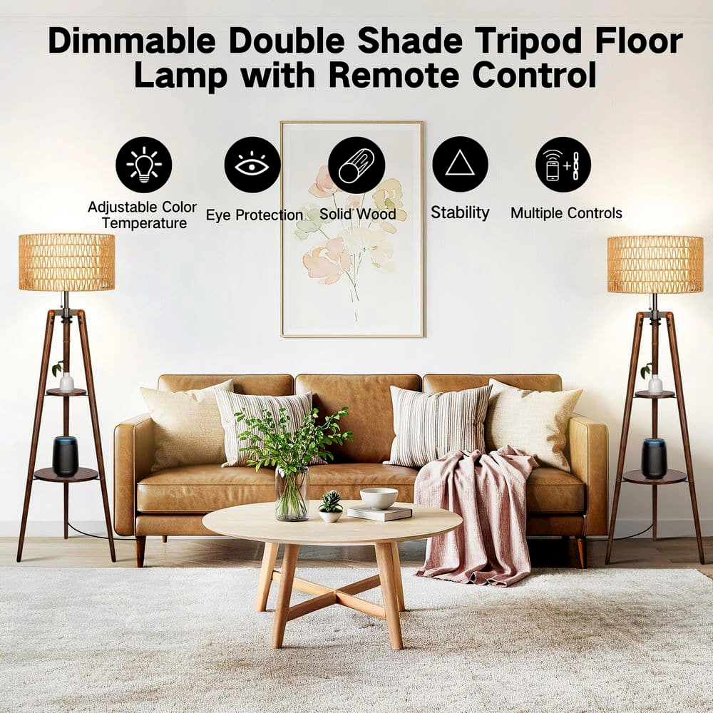 Mega Casa 61'' Tall Tripod Floor Lamp with 2-Tier Shelves, Standing Light with Rattan Shade, Corner Shelf Lamp