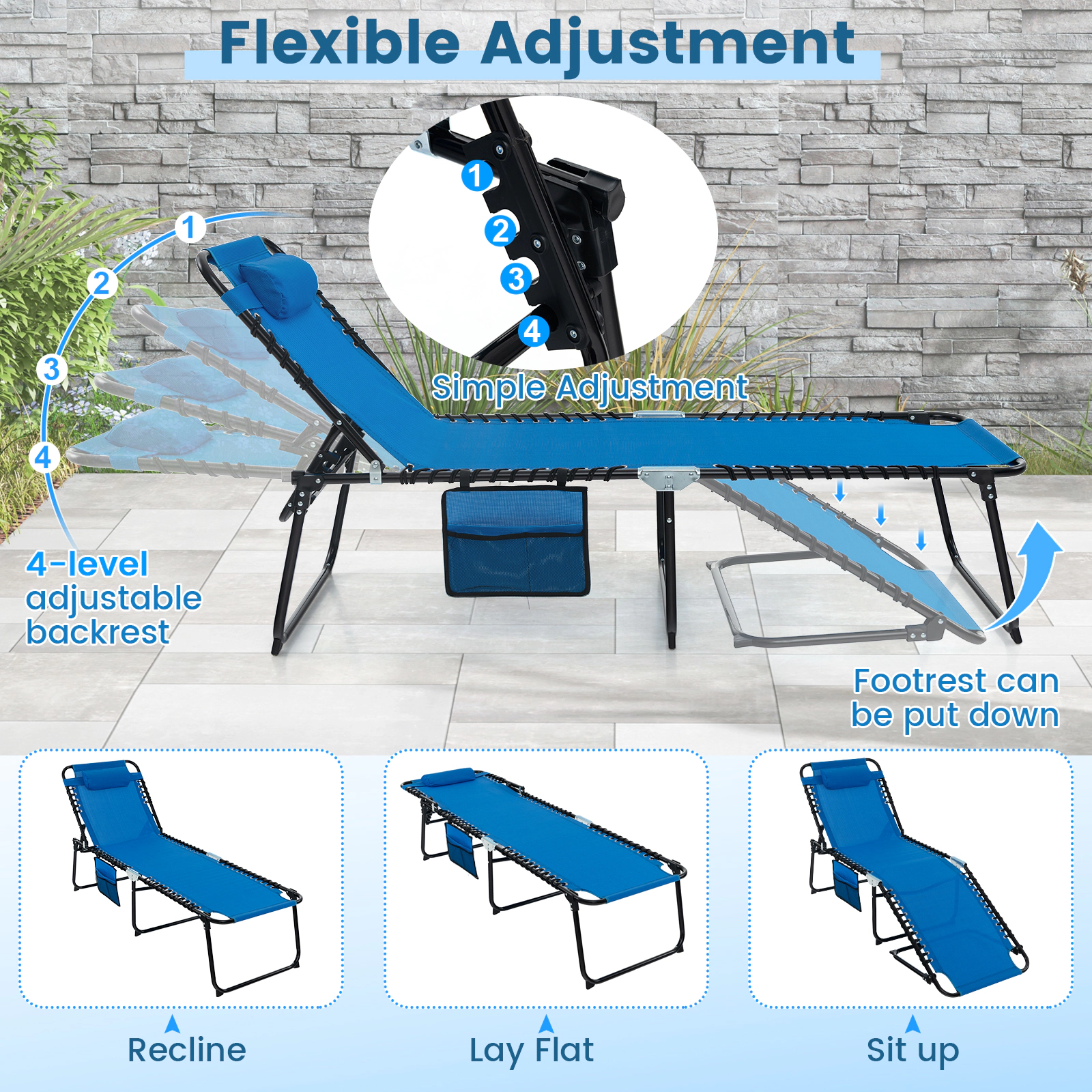 Foldable Reclining Lounge Chair with 4-Position Backrest 2-Position Footrest and Removable Headrest Portable Beach Blue