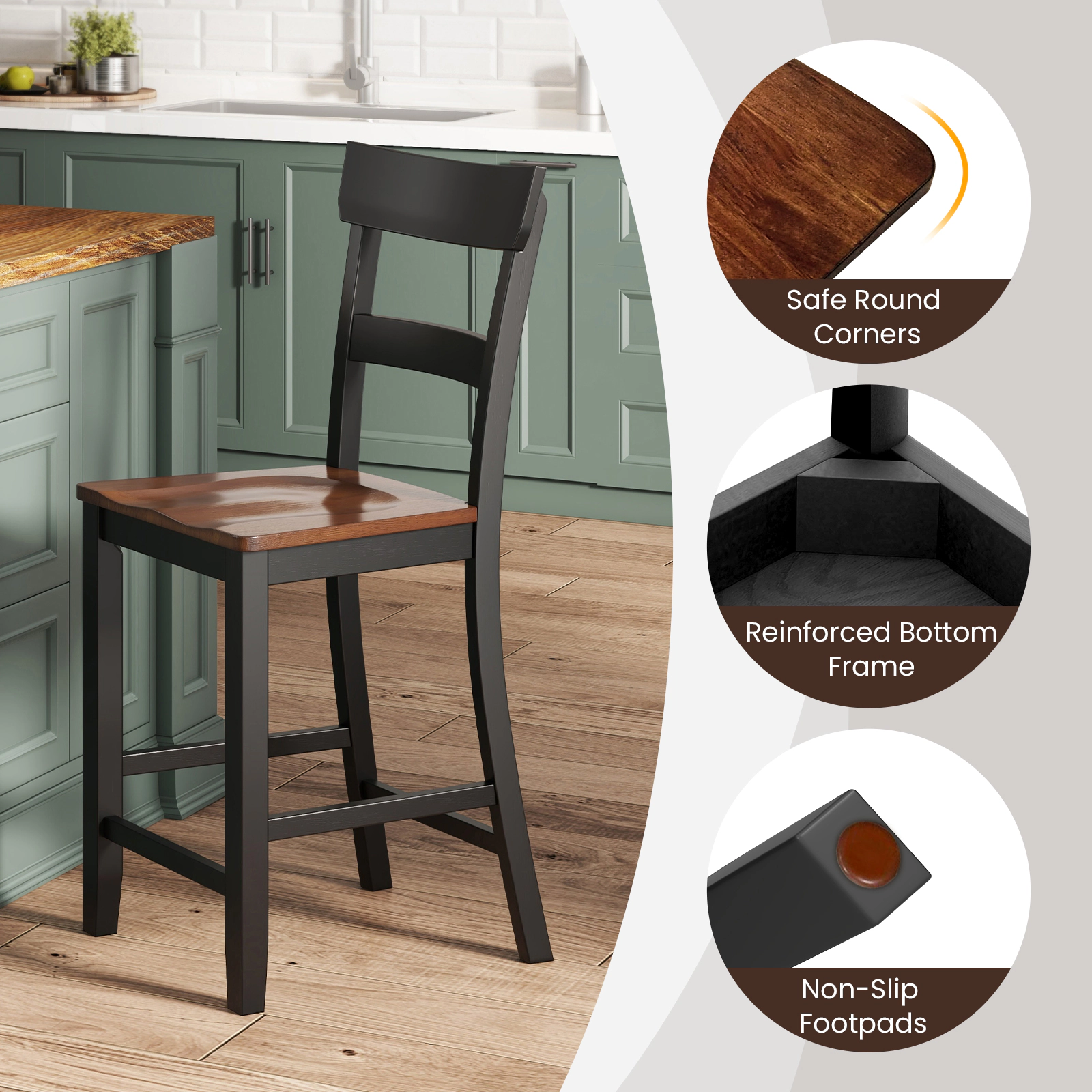 SUGIFT Black Solid Rubber Wood Frame Set of 2 Farmhouse Counter Height Bar Stool