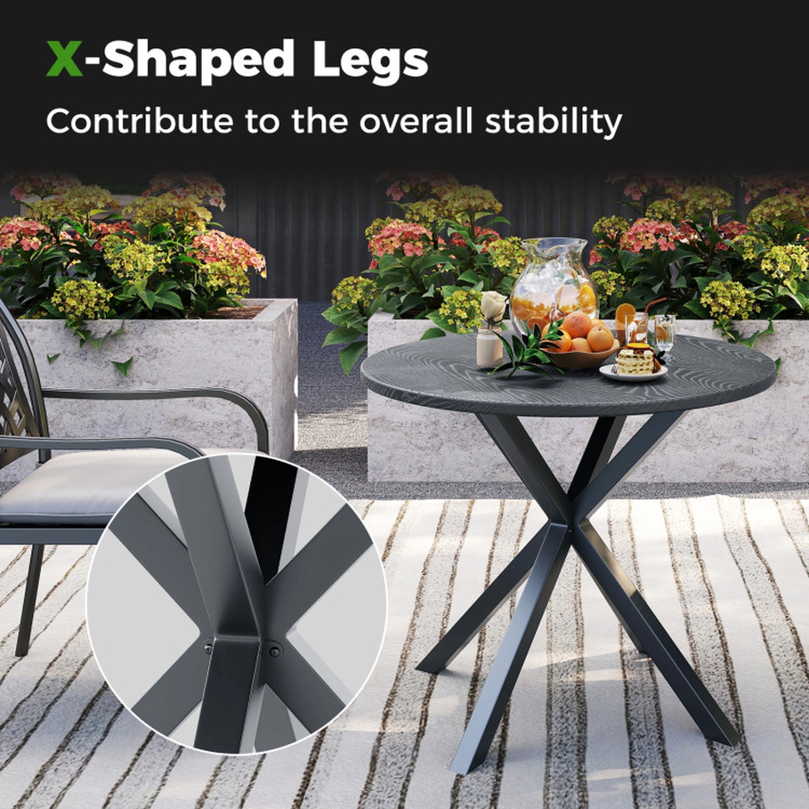 SUGIFT 33.5-Inch Black Round Outdoor Bistro Table, Wood-Look Top, X-Legs