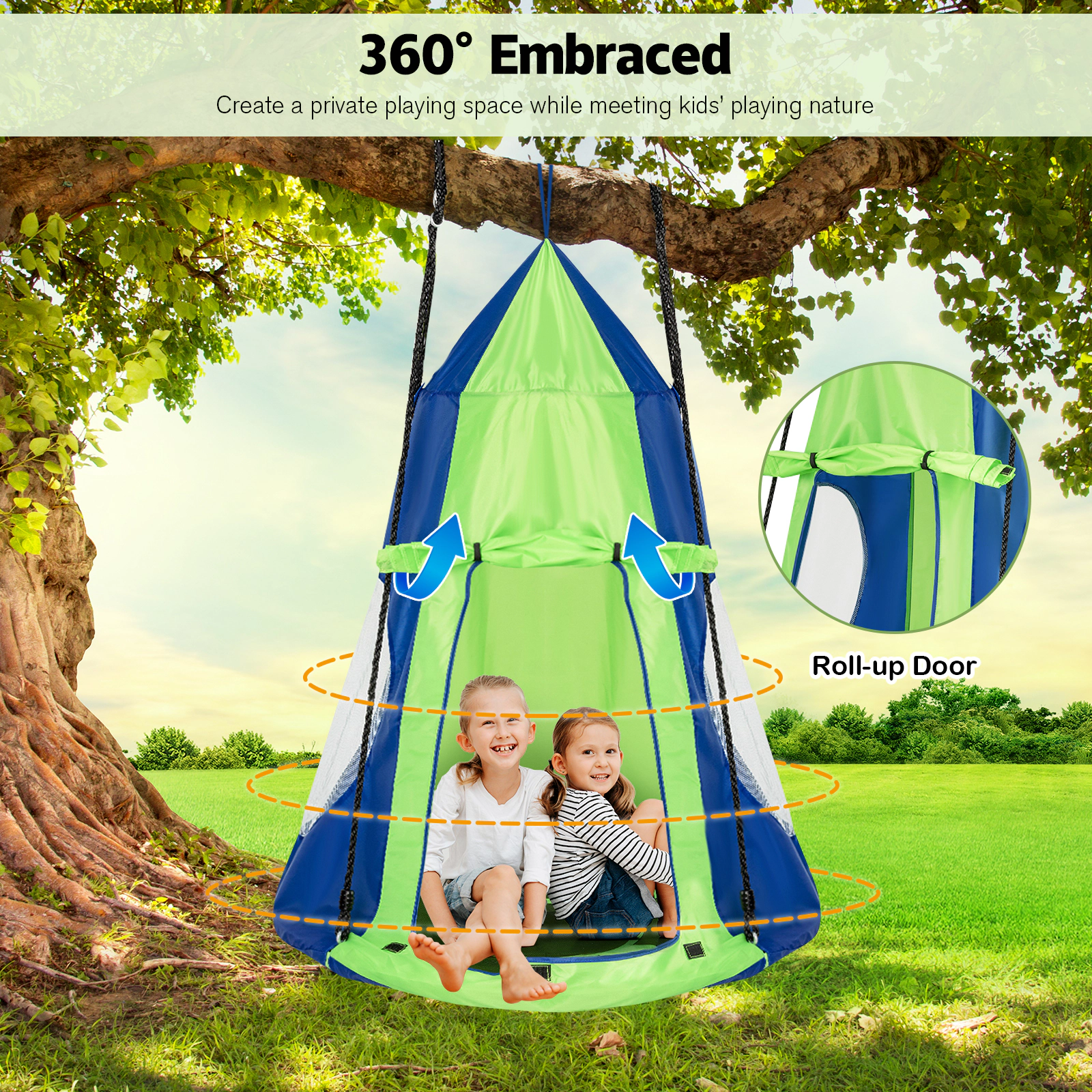 SUGIFT 2-in-1 Kids Hanging Chair Swing Tent Outdoor Play Set 330-lb Capacity 40-in Saucer Seat Green