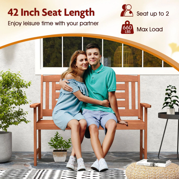 Hivvago Outdoor Solid Wood Loveseat Hardwood 2-Seat Bench With Inclined Backrest And Slatted Seat