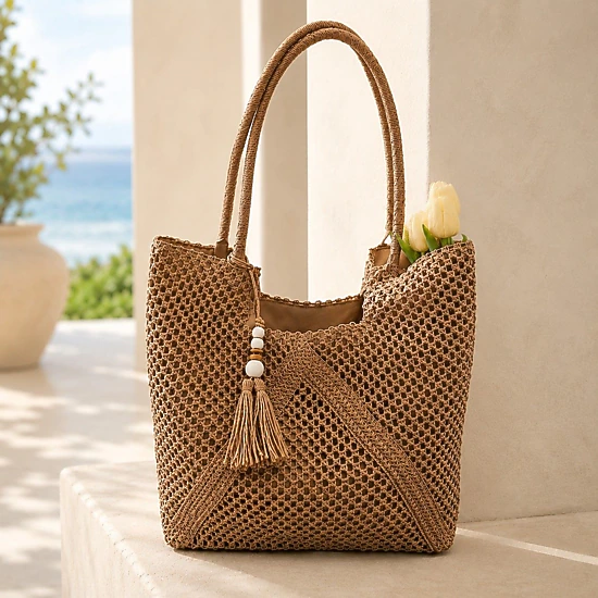 Alilang Women's Open Weave Beach Tote Bag with Zip Closure Rope Handles and Tassel Accent, Beige