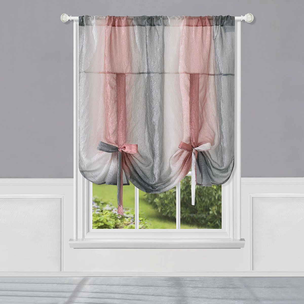 Kate Aurora Crushed Faux Satin Silver & Blush Rose Pink Ombre Window Curtain Tie Up Shade