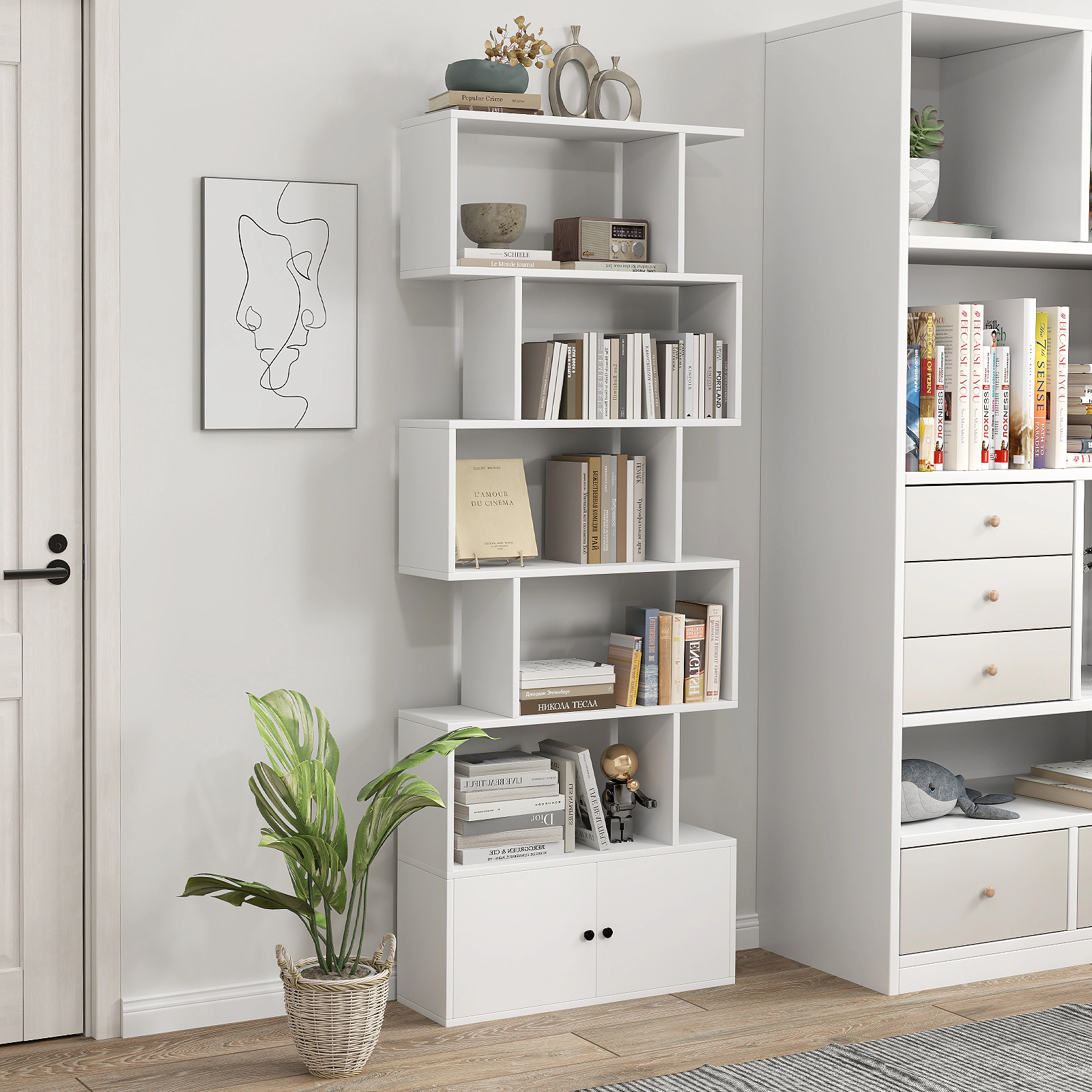 SUGIFT White 6-Tier S-Shaped Freestanding Bookshelf with Cabinet and Doors