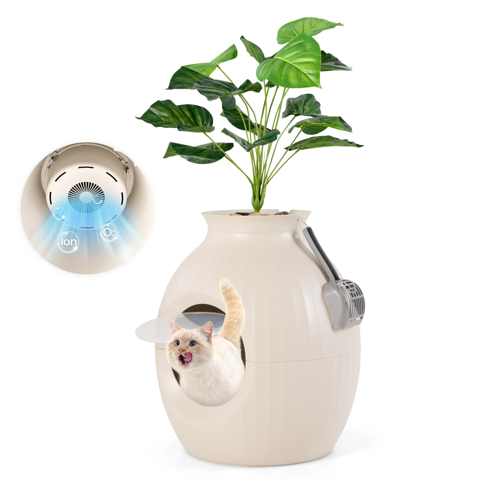 SUGIFT Beige Planter Cat Litter Box Enclosure with Ion Odor Removal 20-in Dia 23-in H 28-lb Cat Capacity