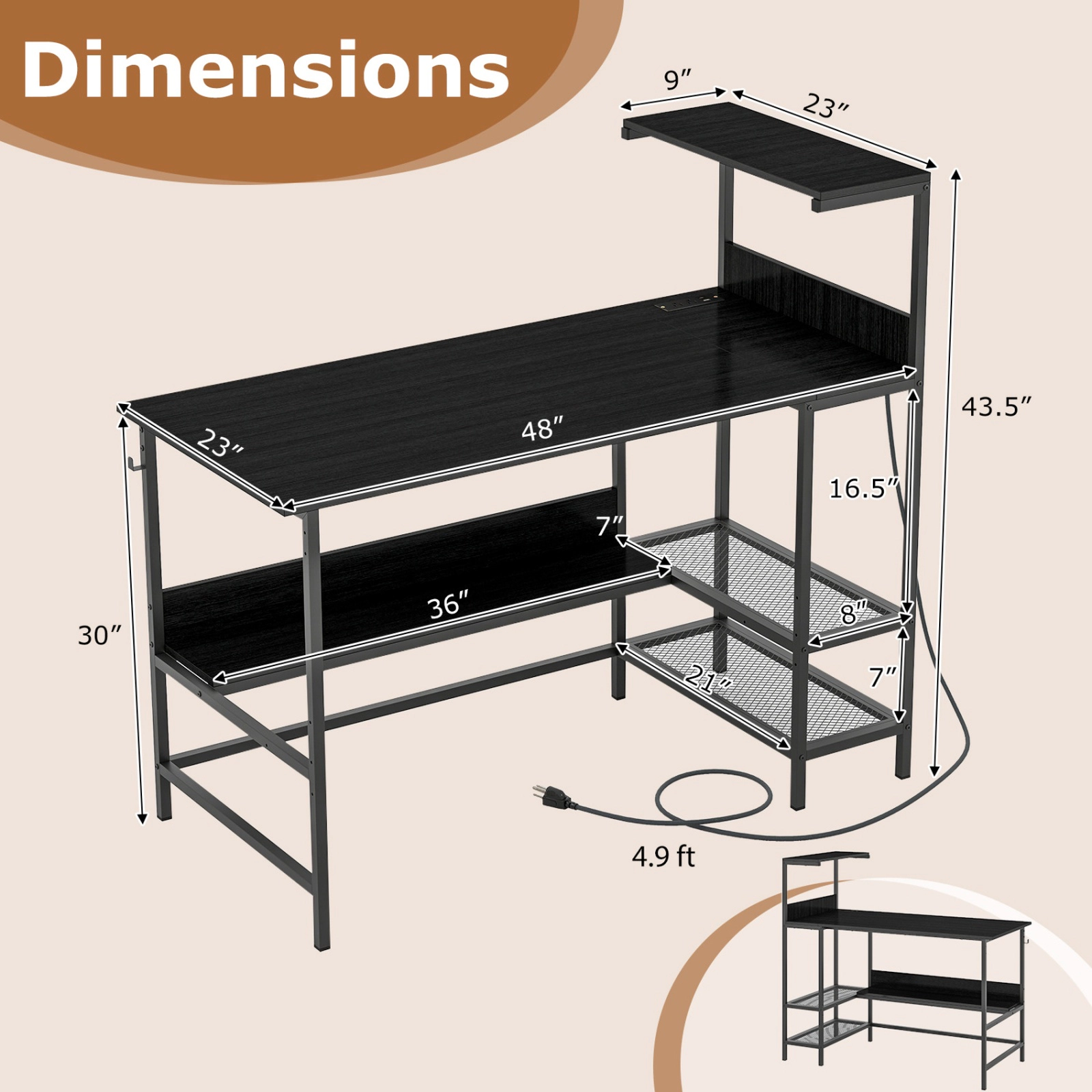 SUGIFT 48-in Computer Desk with Power Outlets, Raised Top Shelf and Storage Shelves 88-lb Tabletop Capacity Black