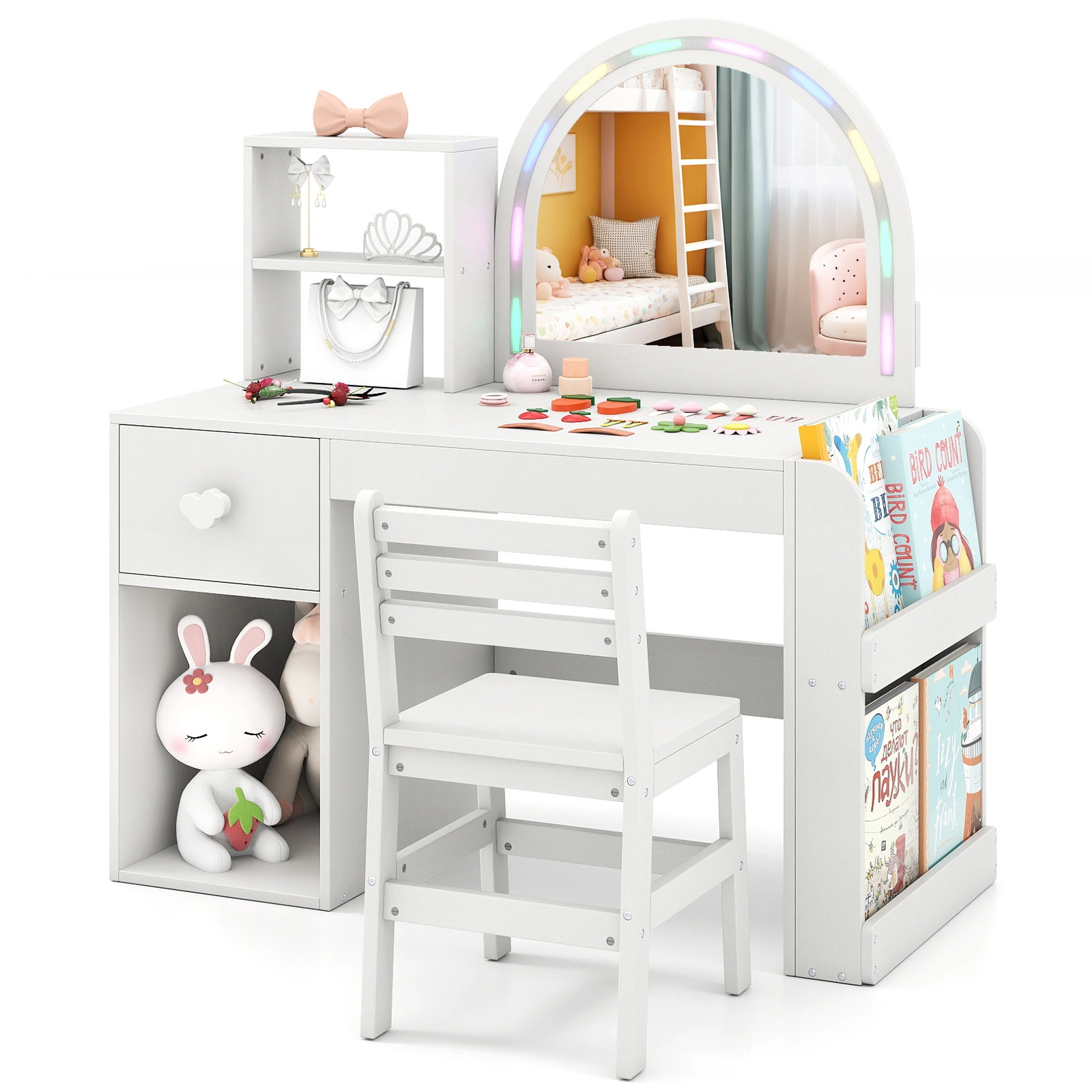SUGIFT Kids Vanity Table and Chair Set with Lighted Mirror 110-lb Tabletop and 165-lb Chair Capacity Ages 3+ White