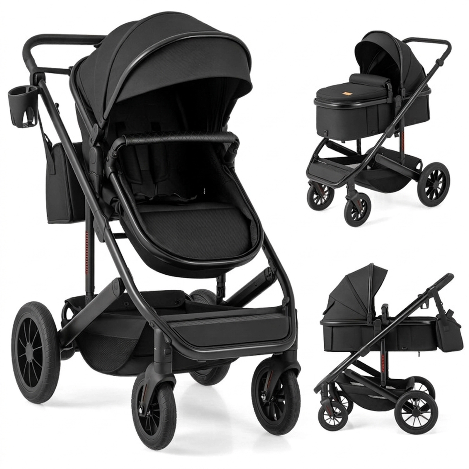 SUGIFT Baby Black 3-in-1 Folding Stroller with Detachable Bassinet and 4-Level Canopy 38-in W 48-lb Seat Capacity