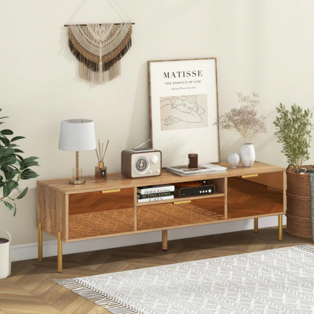 Hivvago Mirrored Tv Stand For Tv Up To 65 Inch With Spacious Tabletop And 2 Storage Cabinets-Natural