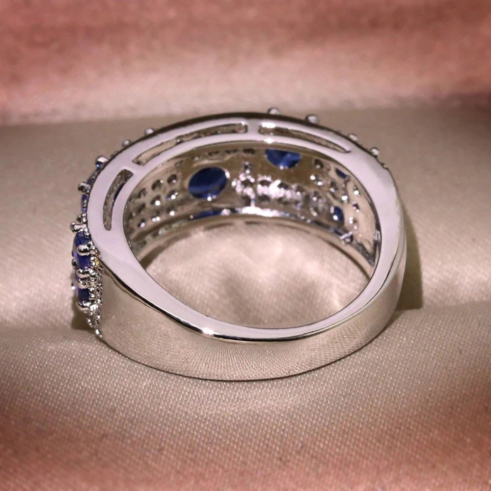 Wardrobe Whimsy Oval Blue Cubic Zirconia Wide Band Ring Elegant Stackable Statement Ring for Women