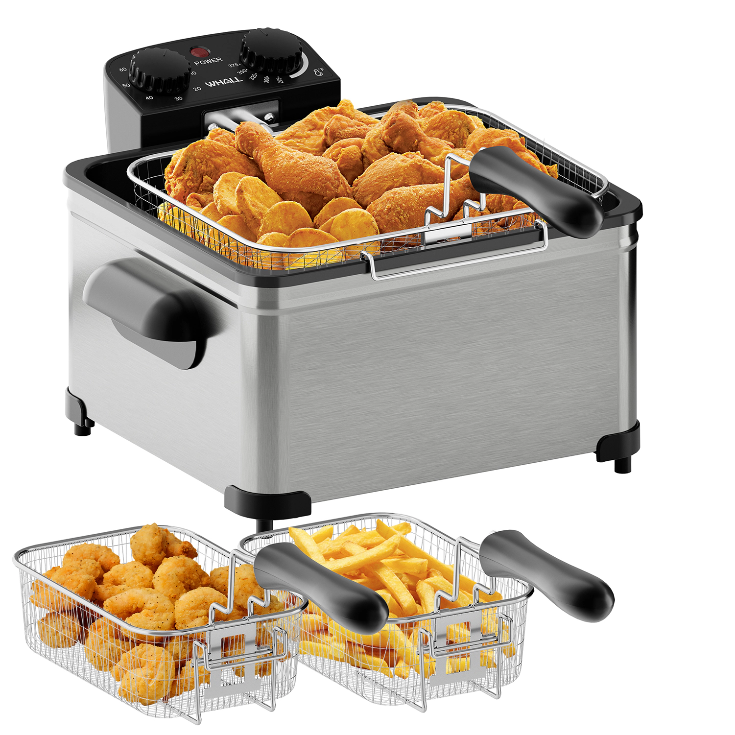 WHALL - 5.3QT Electric Deep Fryer, 1700W Electric Oil Fryer, Triple Baskets, Adjustable Temp,View Window