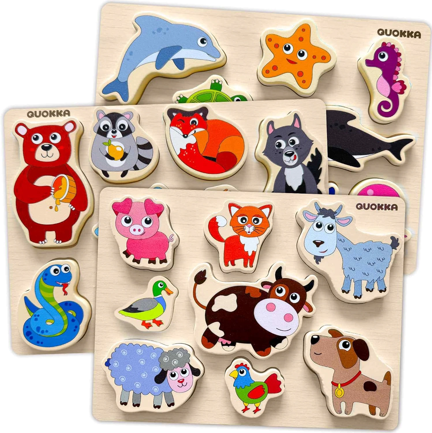 QUOKKA Wooden Chunky Puzzle Set for Toddlers Ages 1–4, Animal, Alphabet, Number, Fruit, Shape Puzzles