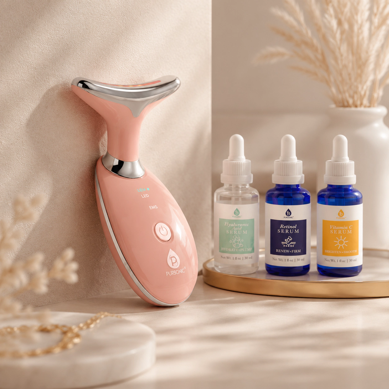Pursonic Unisex 7-in-1 LED Beauty Device & Anti-Aging Serum Set Skincare Bundle