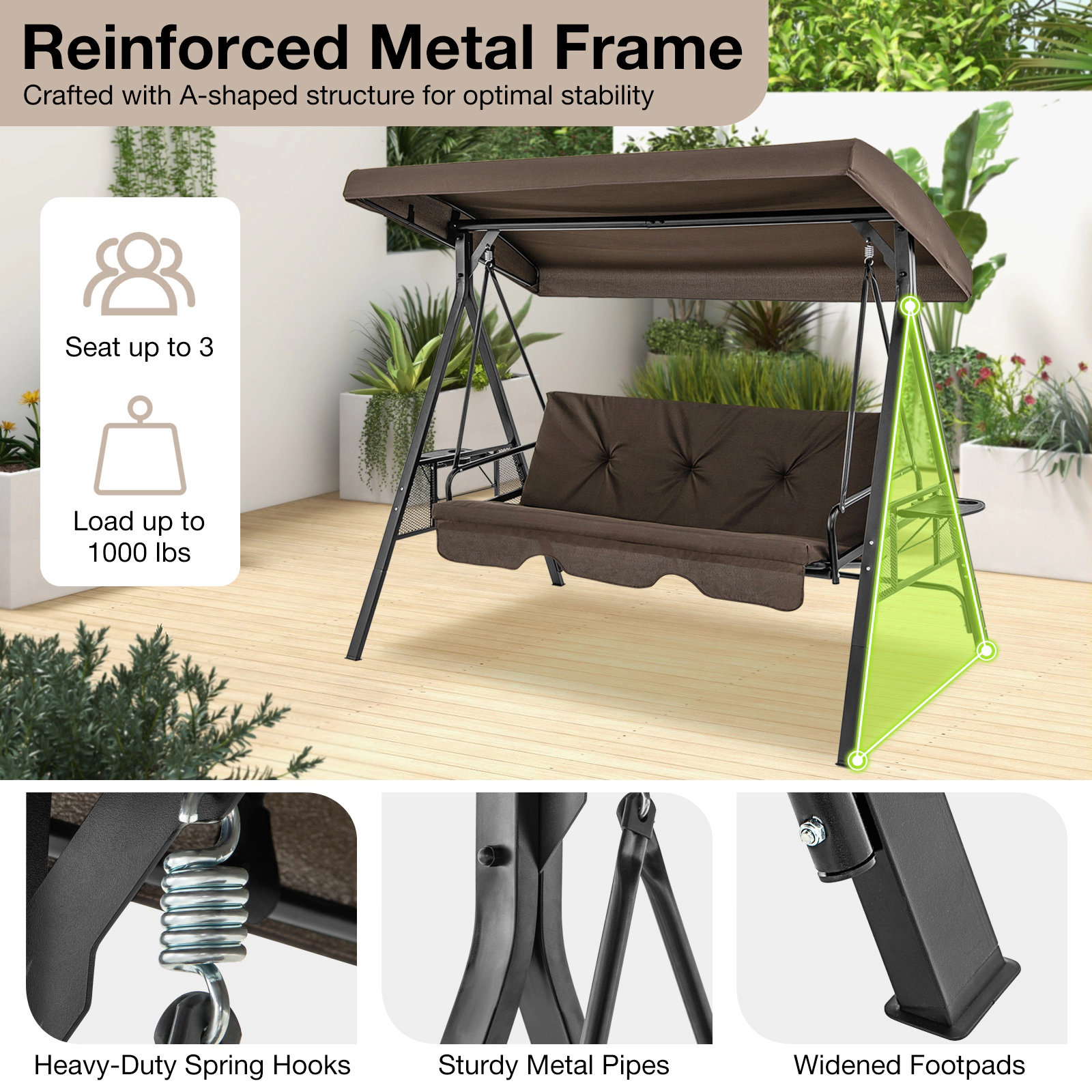 SUGIFT Convertible 3-Seat Patio Porch Swing Chair to Flat Bed with Adjustable Canopy 1000-lb Capacity Brown