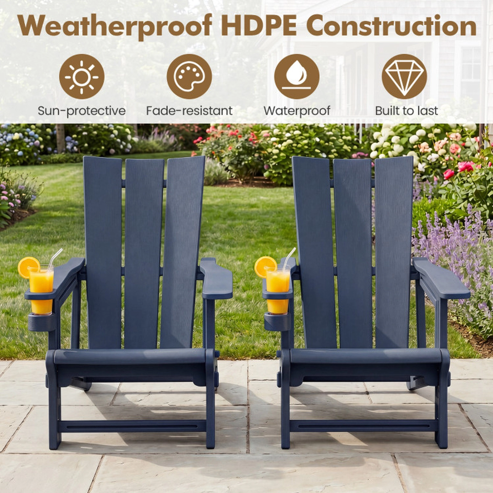 SUGIFT Set of 2 HDPE Outdoor Adirondack Chairs with Curved Backrest and Cup Holder 330-lb Capacity 26.5-in Wide Blue