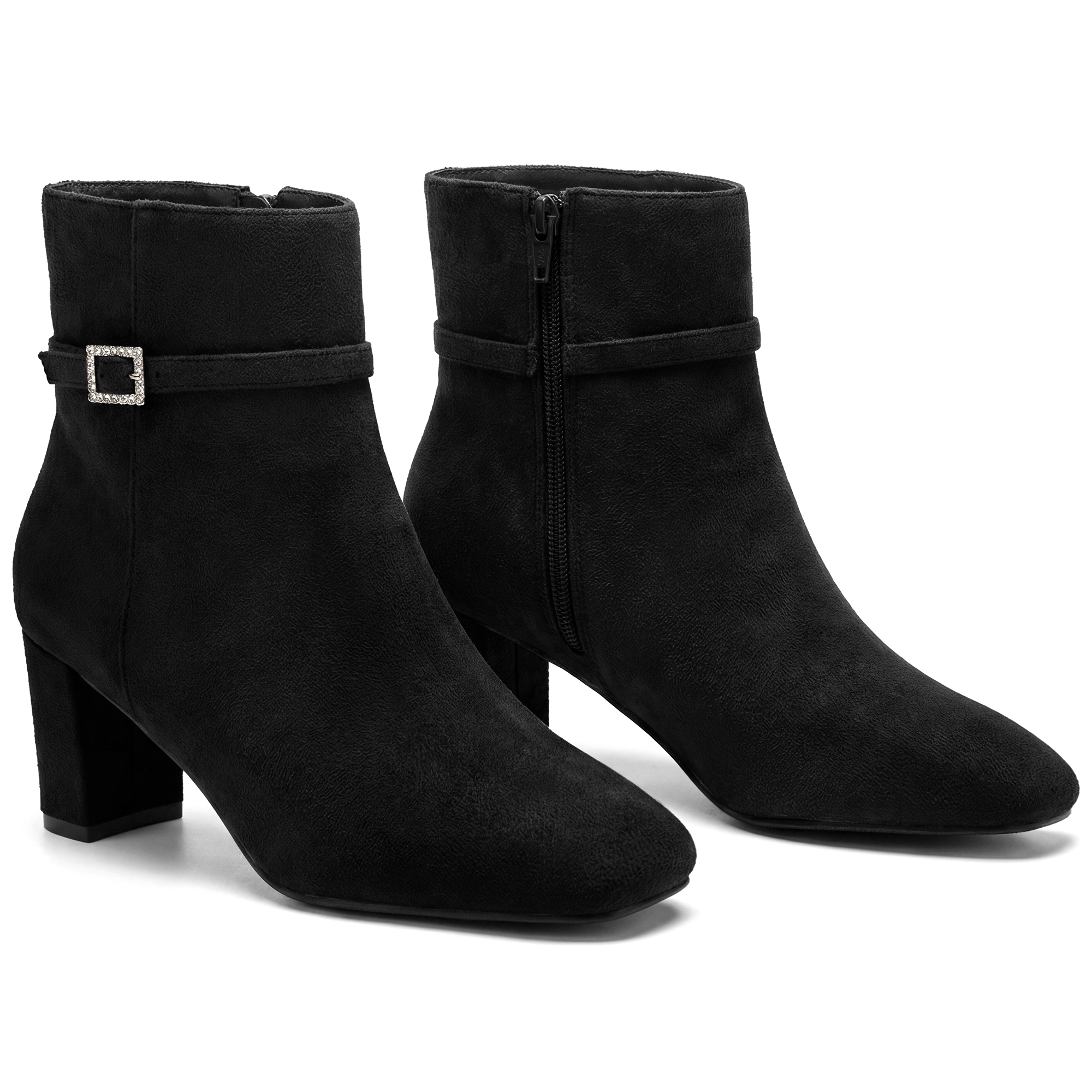 BLISSFUL STEP Women Faux Suede Rhinestone Square Toe Buckle Block Heel Ankle Boots