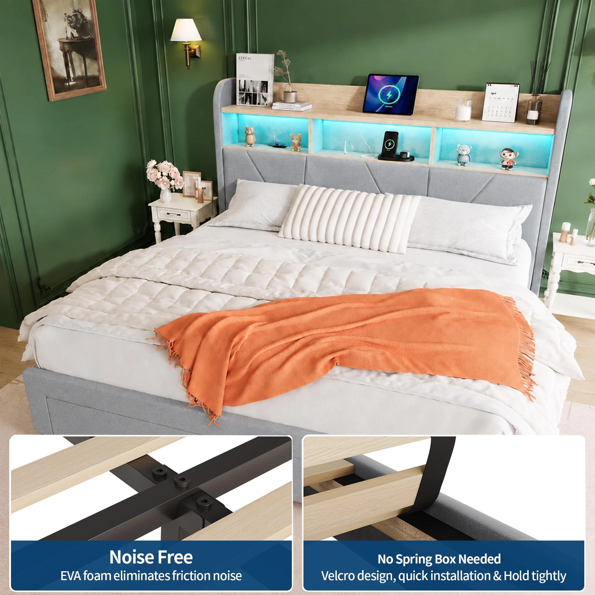 Linen Upholstered Platform Bed with 2 Drawers, Storage Headboard, Charging Station and RGB LED Lights