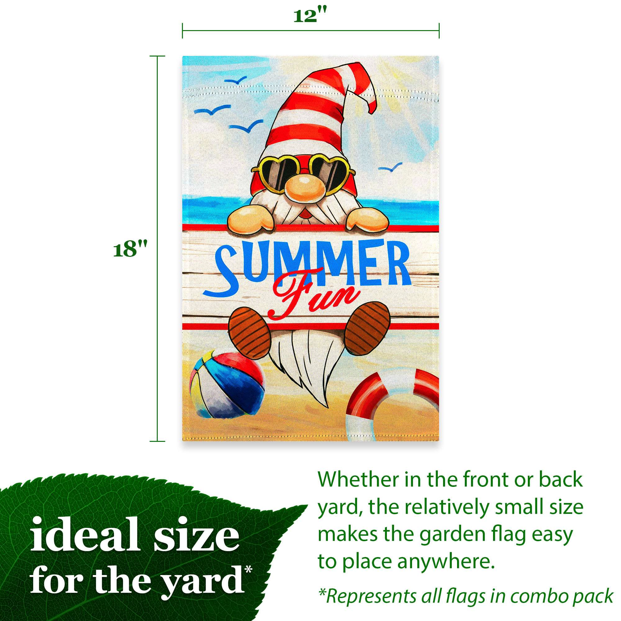 G128 Whimsical Gnome Garden Flag Set 4-Pack - Double-Sided 12x18 Inch Seasonal Holiday Yard Decorations