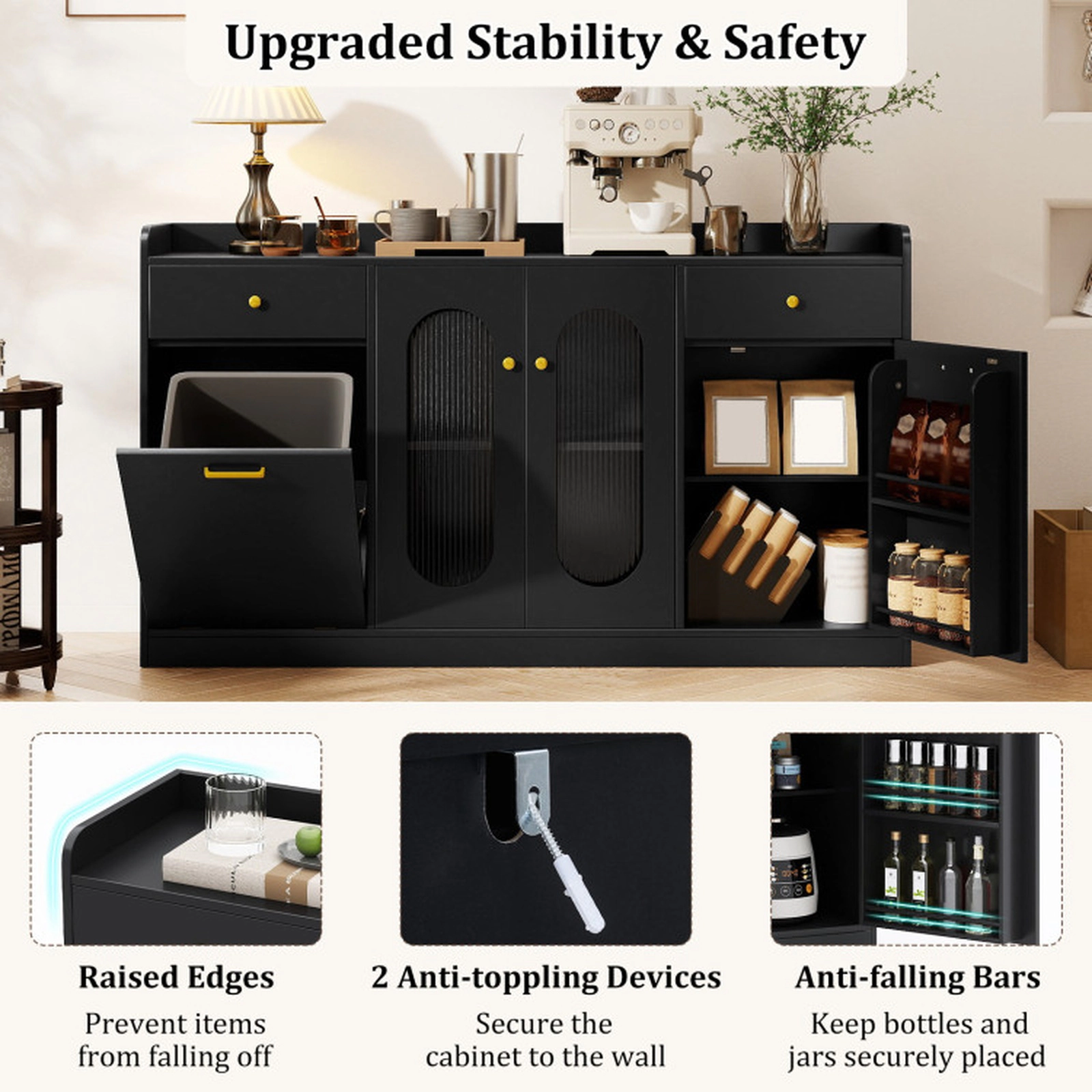 SUGIFT 55-in Tilt-Out Trash Cabinet 2 Fluted Glass Doors 2 Drawers Buffet Sideboard 31.5-in H 110-lb Capacity Black