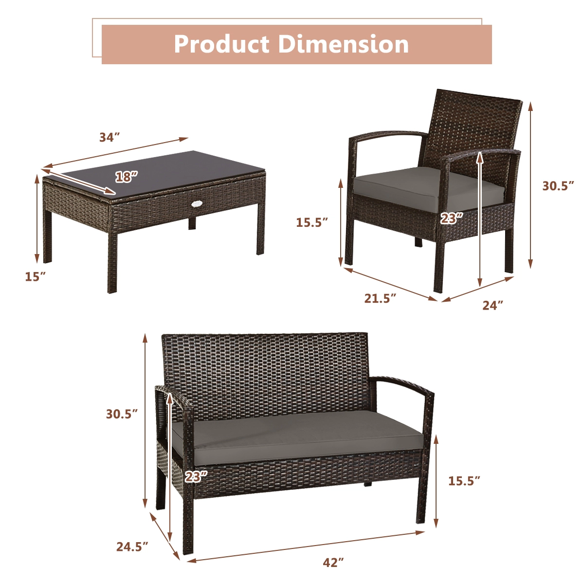 SUGIFT Patio Conversation Furniture Set with Loveseat Chairs and Coffee Table 790-lb Loveseat Capacity Brown/Black