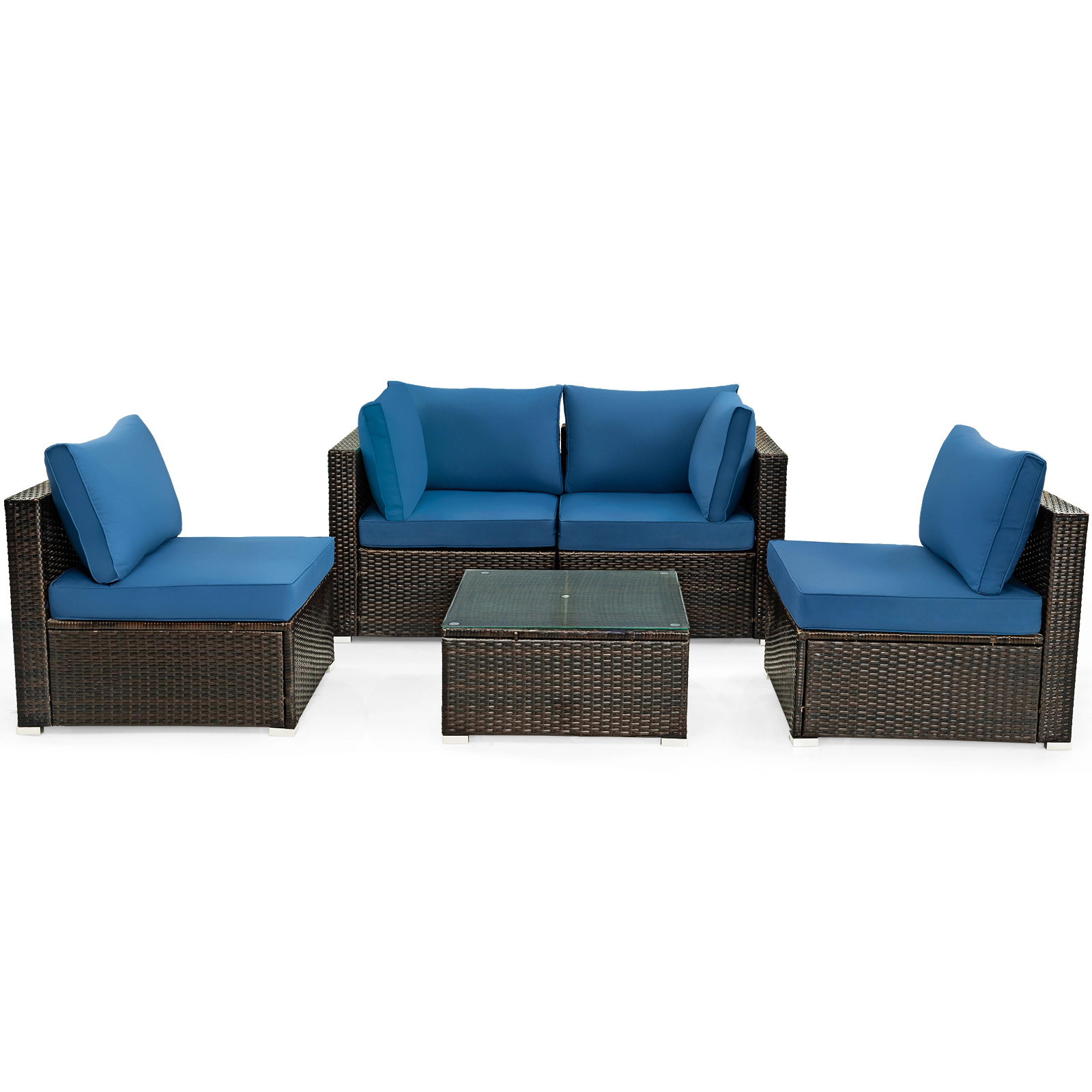 SUGIFT 5 Piece Cushioned Patio Rattan Furniture Set with Tempered Glass Table