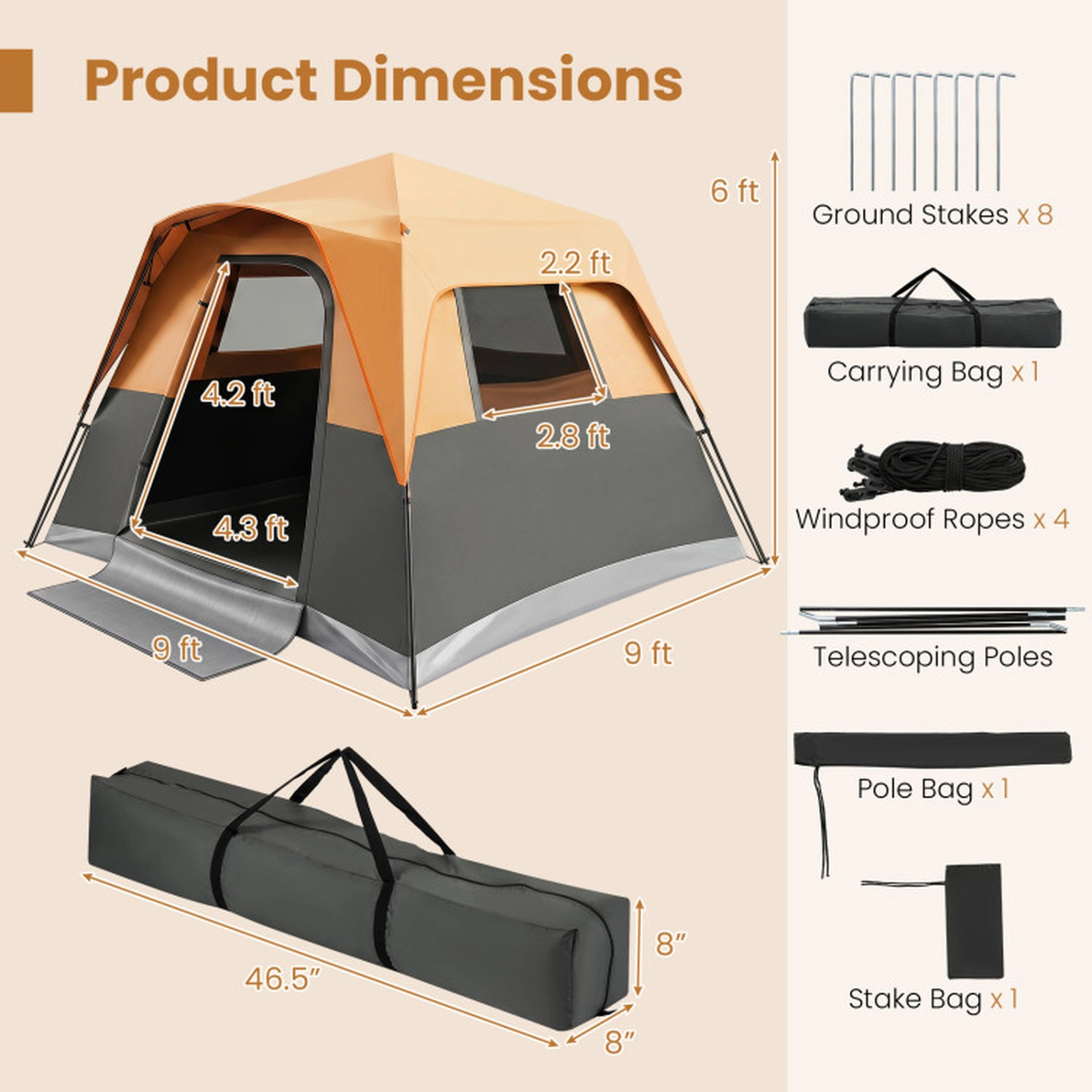 SUGIFT Blackout Easy-Setup 6-Person Instant Cabin Camping Tent with Rainfly, Skylights and Carrying Bag Orange/Gray