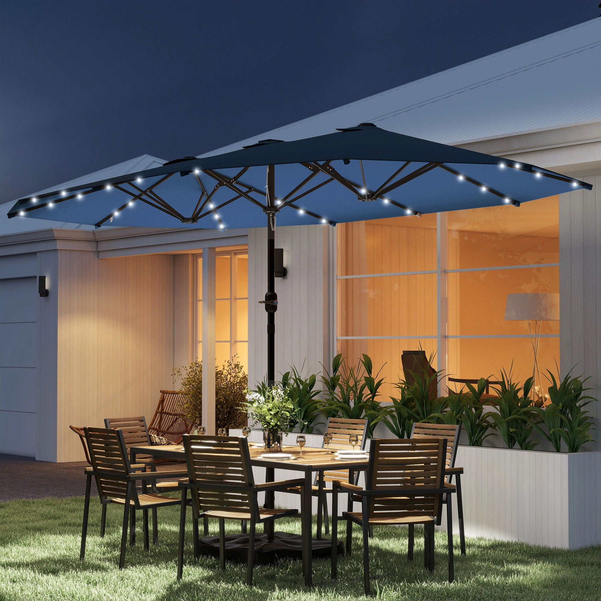 HONGGE Garden Parasol 14.4ft Double-Sided Sun Umbrella with Base Patio LED Solar Lights