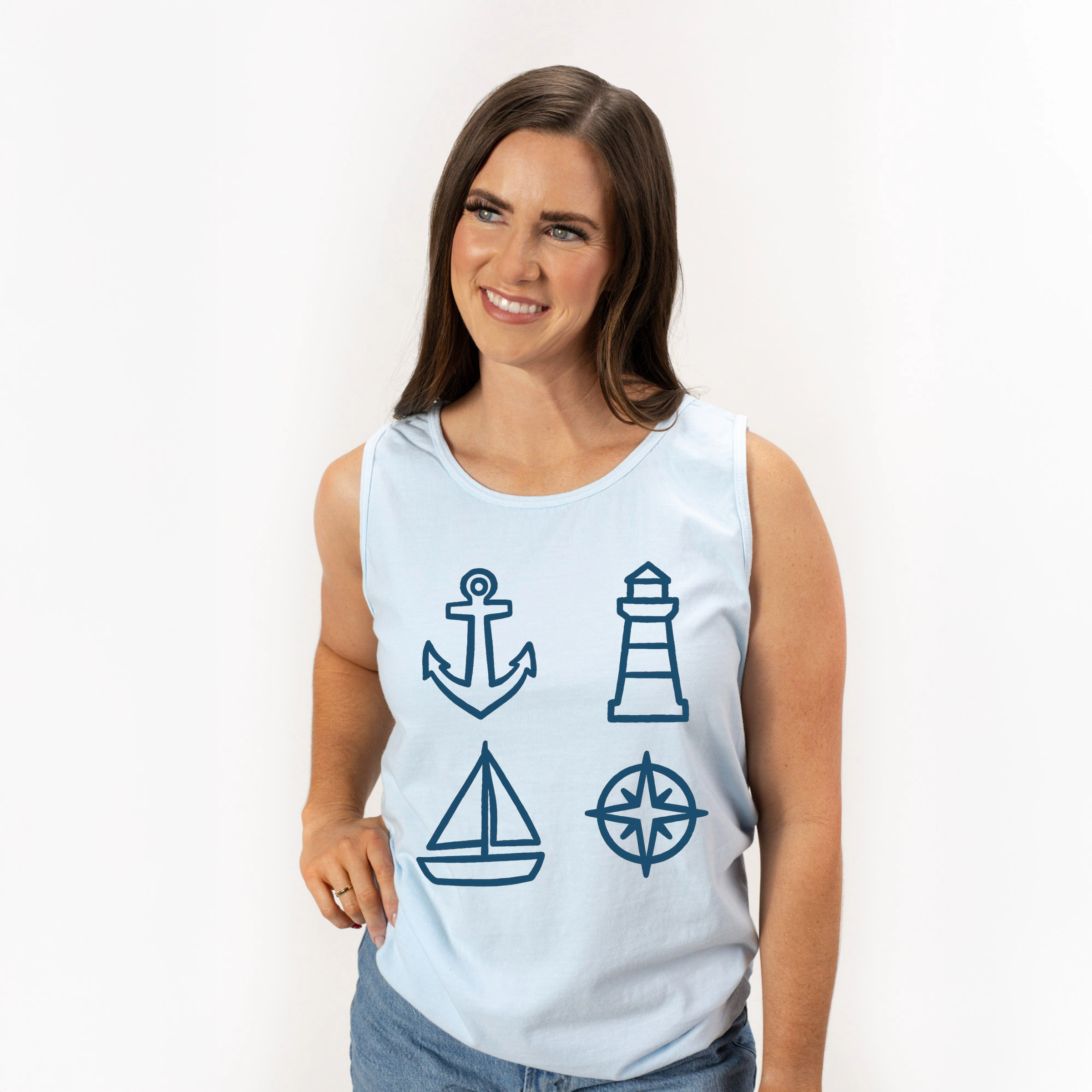 Simply Sage Market - Anchor Lighthouse Boat Compass Women's Garment Dyed Graphic Tank Top