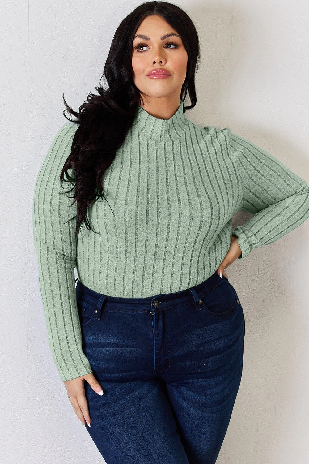 TRUEDAMES Women Basic Bae Full Size Ribbed Mock Neck Long Sleeve T-Shirt